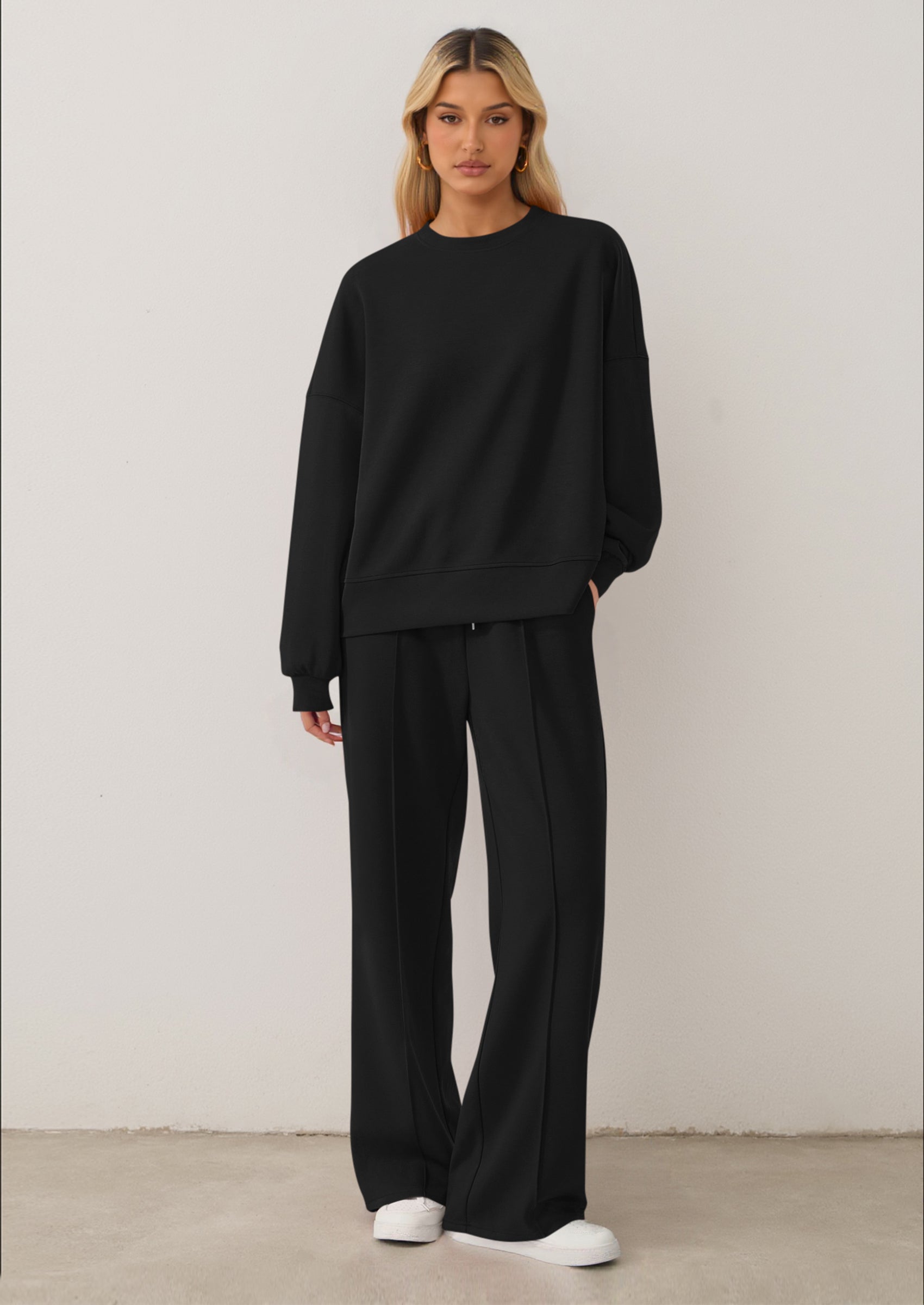 Chichi 2 Piece Sets For Women Fall Trendy Long Sleeve Sweatshirt Wide Leg Pants Loungewear Set Matching Sweatsuit Black