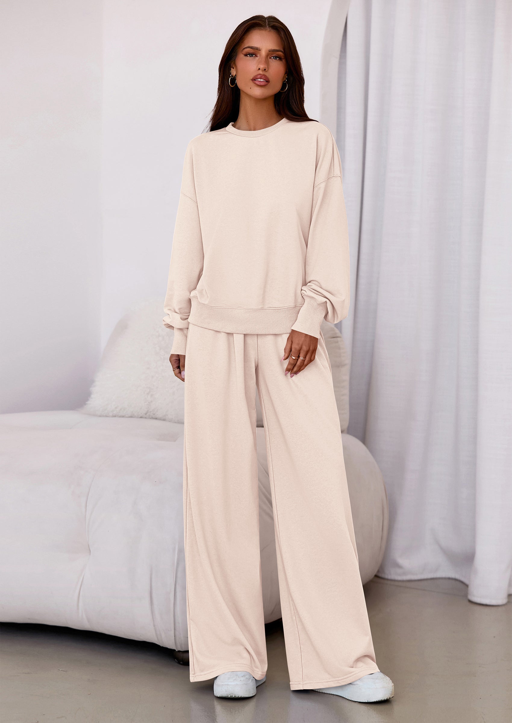 Chichi Womens 2 Piece Sets Long Sleeve Sweatshirt Wide Leg Pants Loose Matching Lounge Set Trendy Fall Outfits Beige