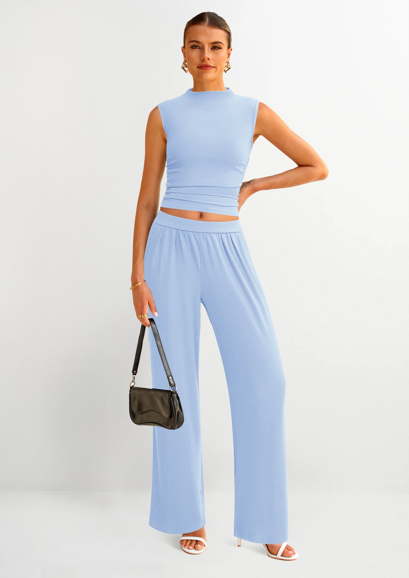 Chichi 2 Piece Sets for Women Summer Airport Travel Outfits Crop Tank Tops Wide Leg Pants Matching Lounge Sets Light Blue