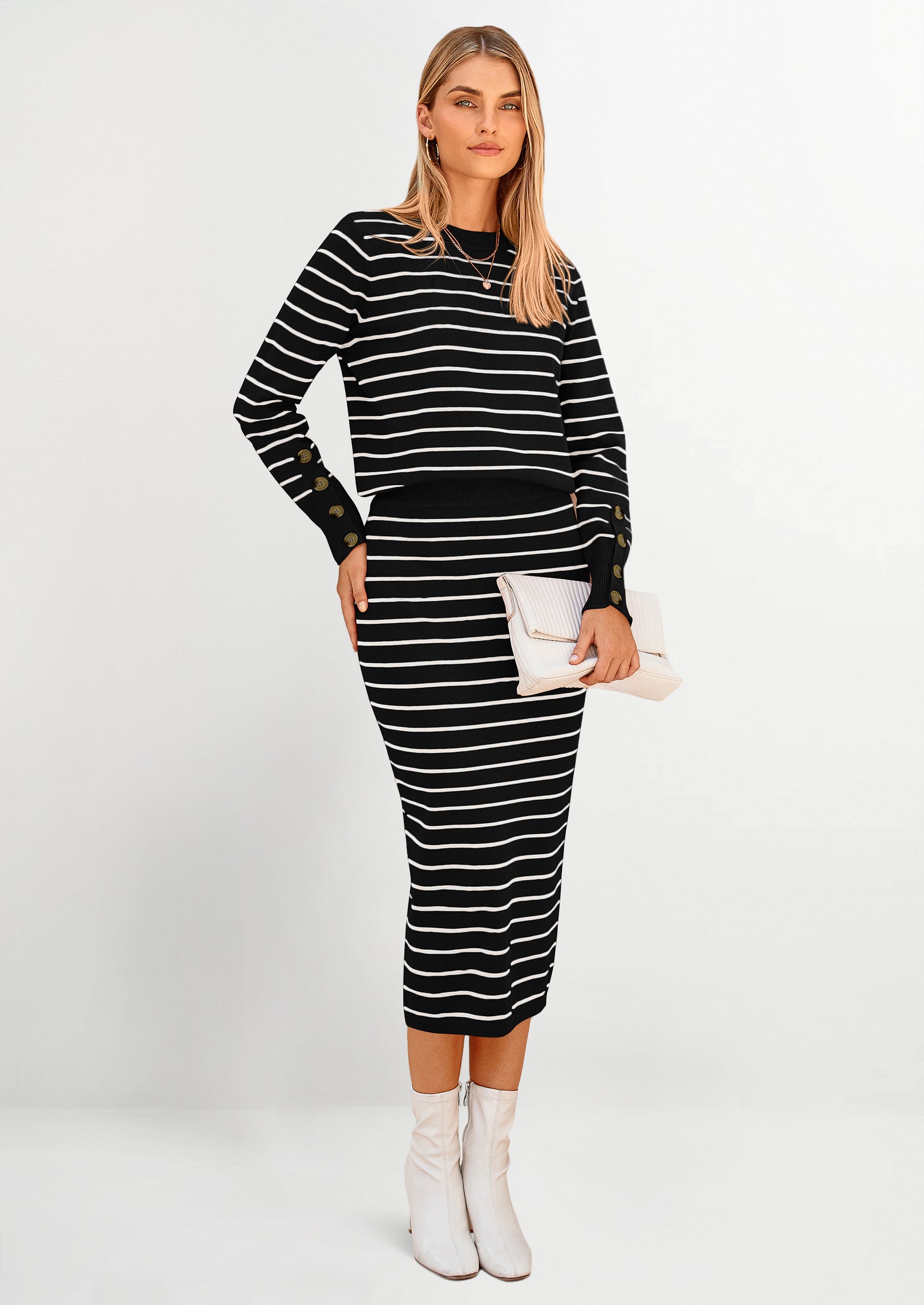 Chichi 2 Piece Skirts Sets For Women Fall Fashion Striped Sweater Dress Knit Lounge Travel Outfits Winter Clothing Wine Red White Stripe