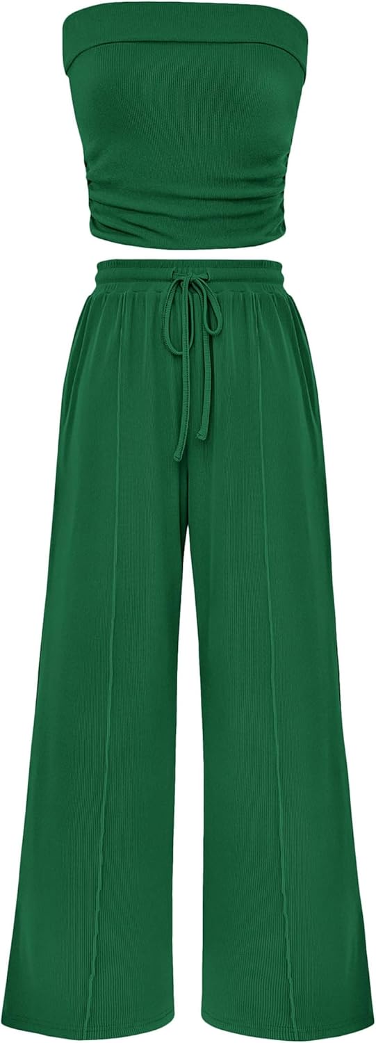 Chichi 2 Piece Sets Casual Ribbed Knit Crop Tube Top Wide Leg Pants Lounge Set Green