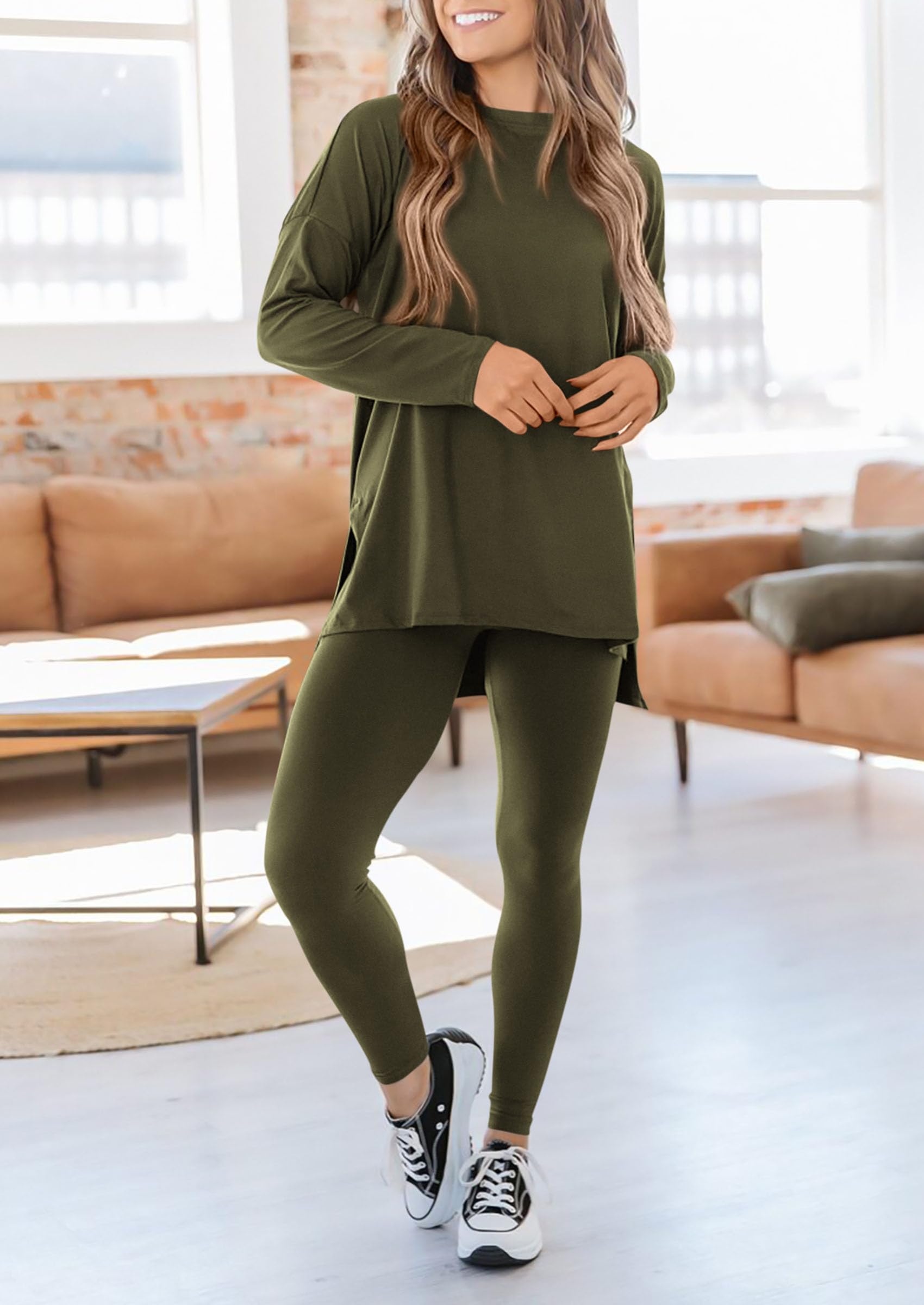 Chichi 2 Piece Outfits Casual Long Sleeve Tunic Tops Legging Pants Lounge Sets Sweatsuits Army Green