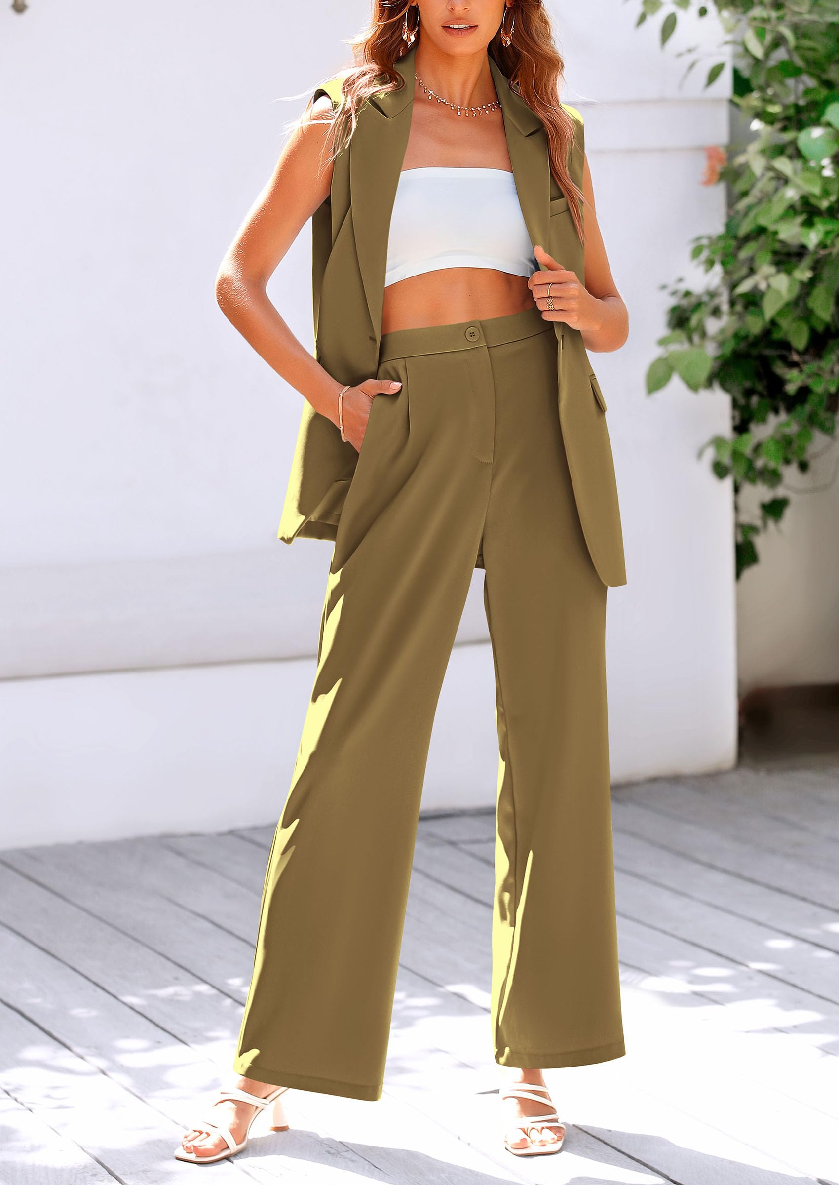 Chichi Women's 2 Piece Outfits Sleeveless Suit Vest and Wide Leg Pants Business Casual Blazer Sets Brown Yellow