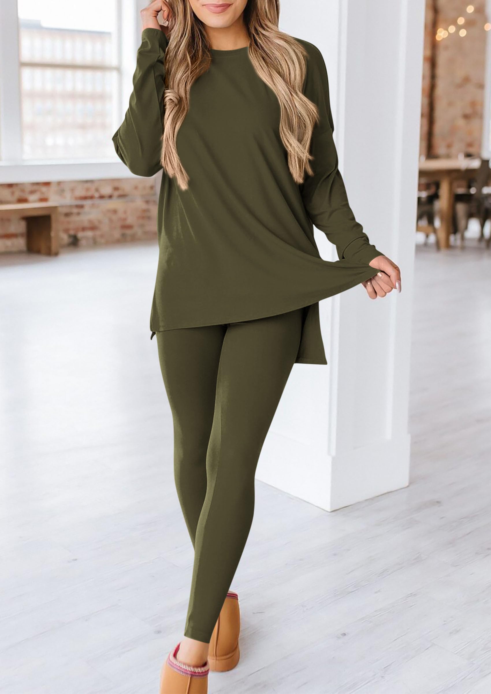 Chichi 2 Piece Outfits Casual Long Sleeve Tunic Tops Legging Pants Lounge Sets Sweatsuits Army Green