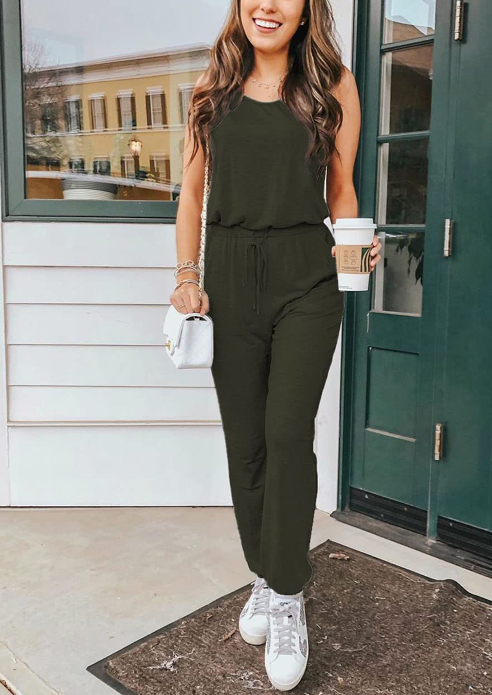 Chichi Two Piece Outfit Sets Casual Sleeveless Crewneck Tops and Sweatpants Army Green