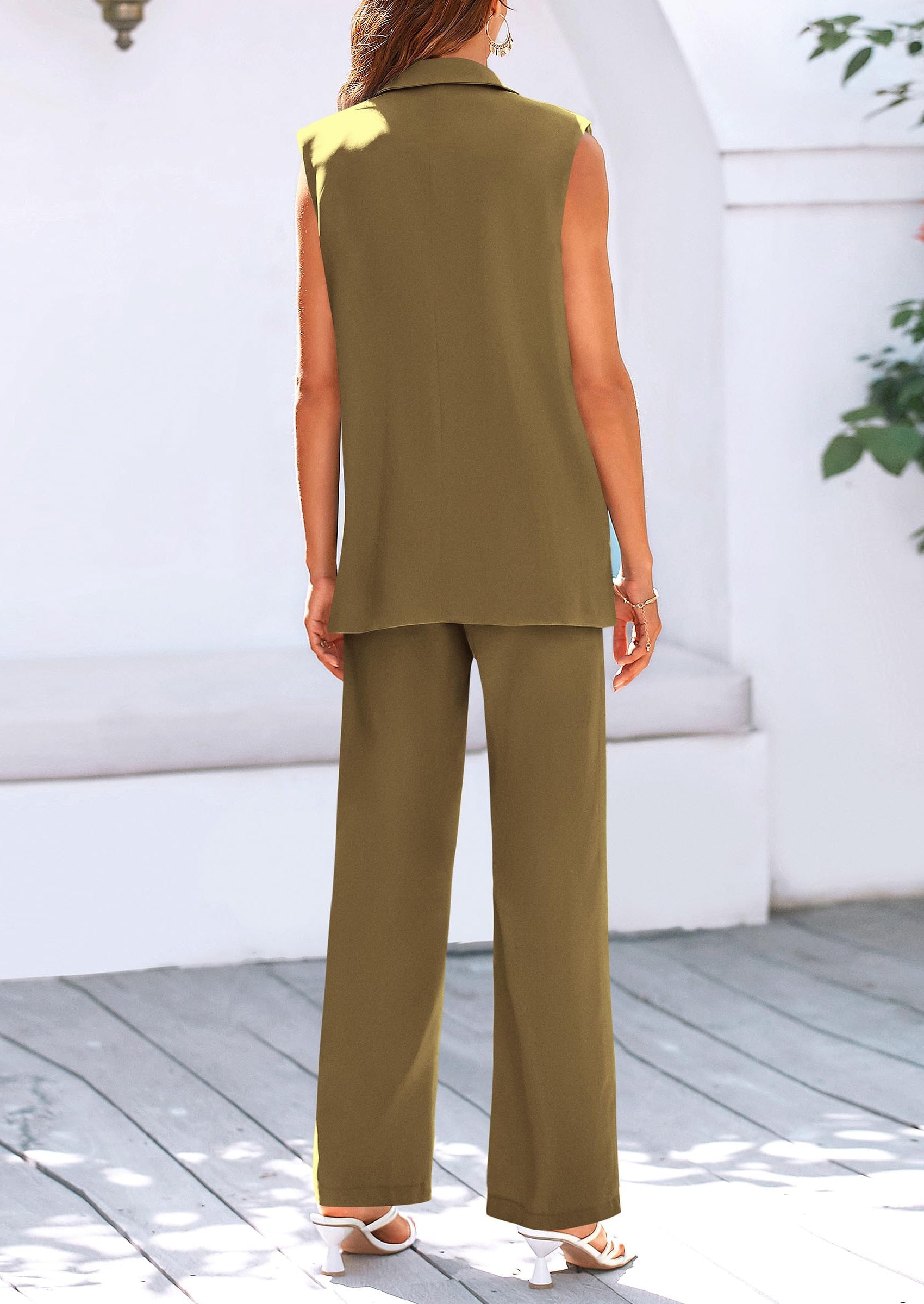 Chichi Women's 2 Piece Outfits Sleeveless Suit Vest and Wide Leg Pants Business Casual Blazer Sets Brown Yellow
