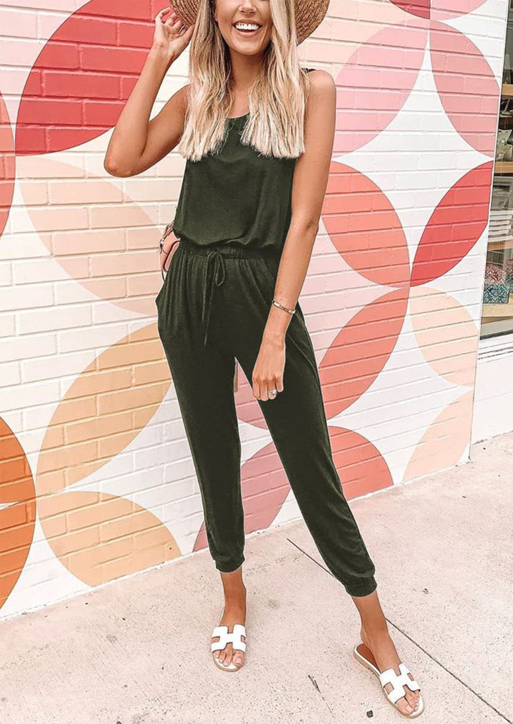 Chichi Two Piece Outfit Sets Casual Sleeveless Crewneck Tops and Sweatpants Army Green