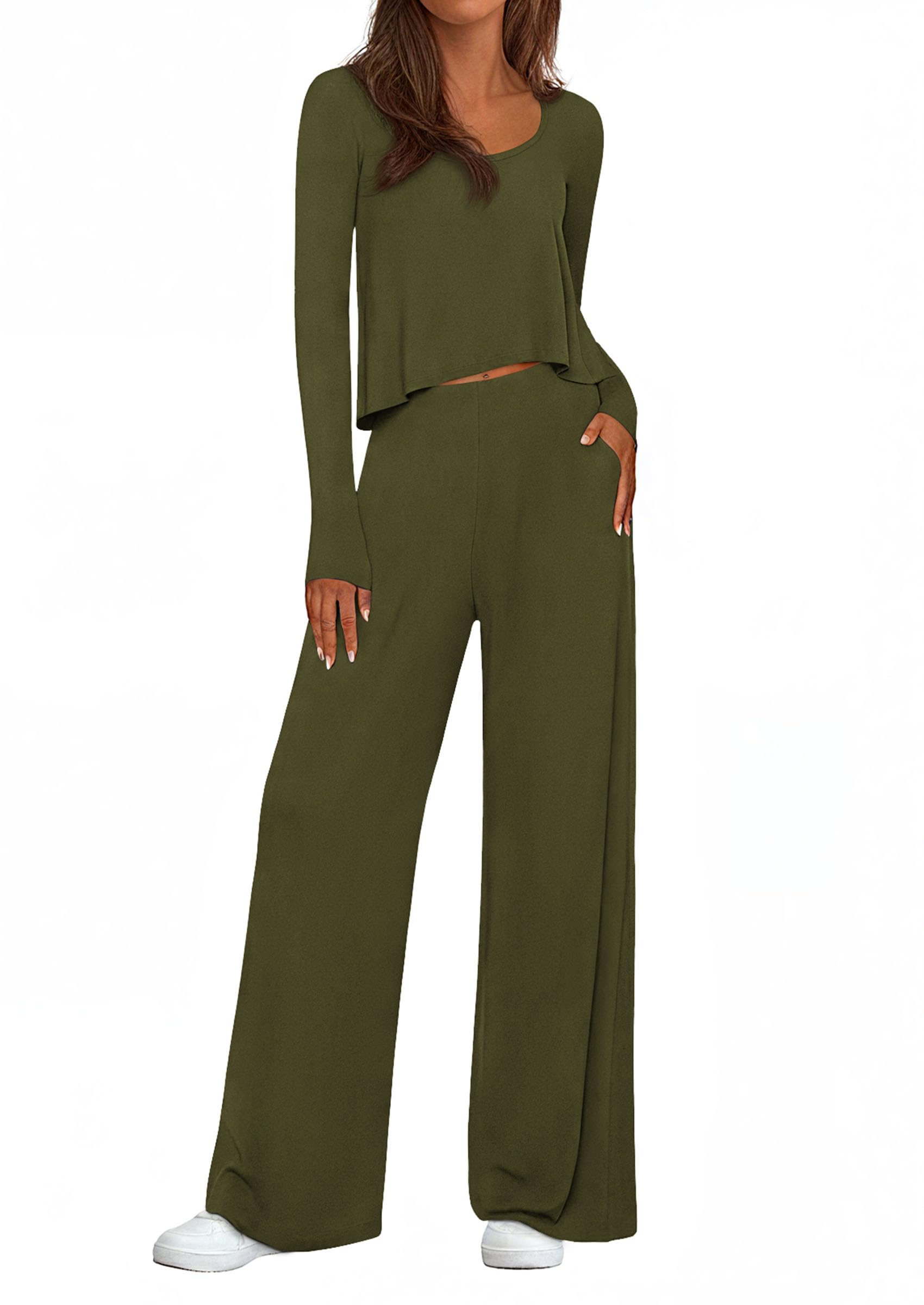 Chichi Women's 2 Piece Fall Sets Casual Long Sleeve Shirts Wide Leg Pants Lounge Travel Outfits Fashion Clothing Army green