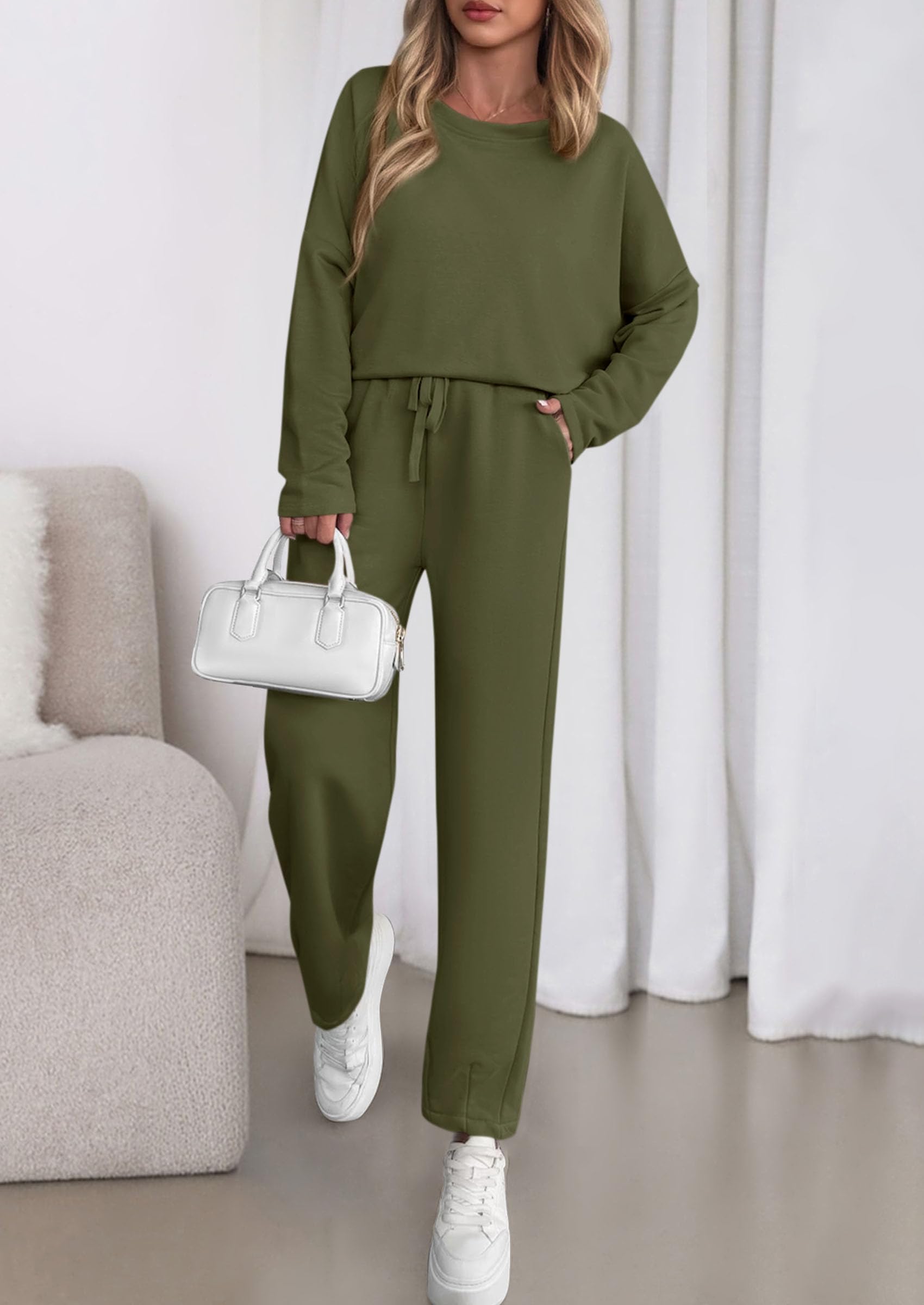 Chichi Womens 2 Piece Matching Lounge Sets Fall Long Sleeve Boatneck Sweatsuit Drawstring Sweatpants Pockets Army Green