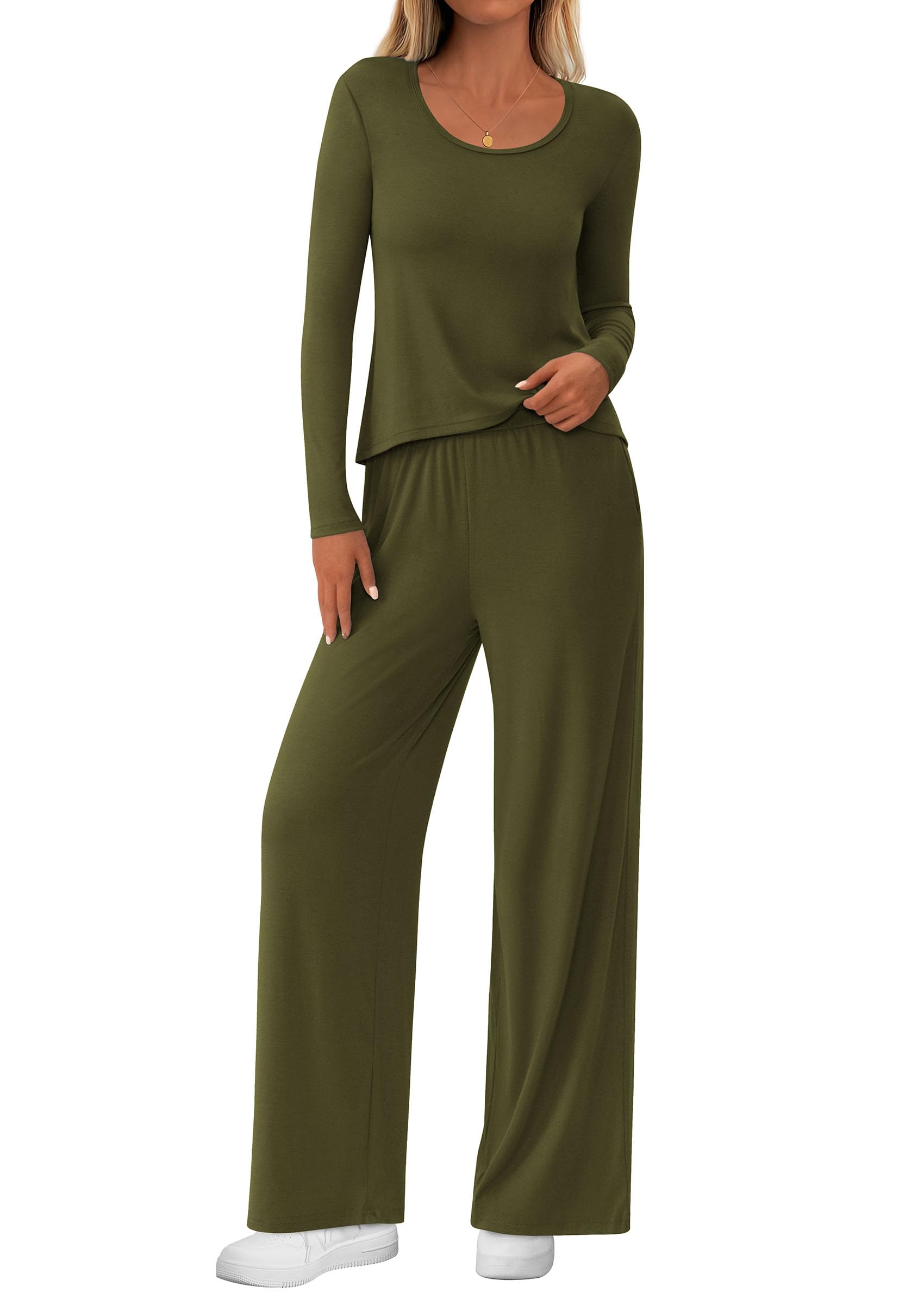 Chichi Women's 2 Piece Fall Sets Casual Long Sleeve Shirts Wide Leg Pants Lounge Travel Outfits Fashion Clothing Army green