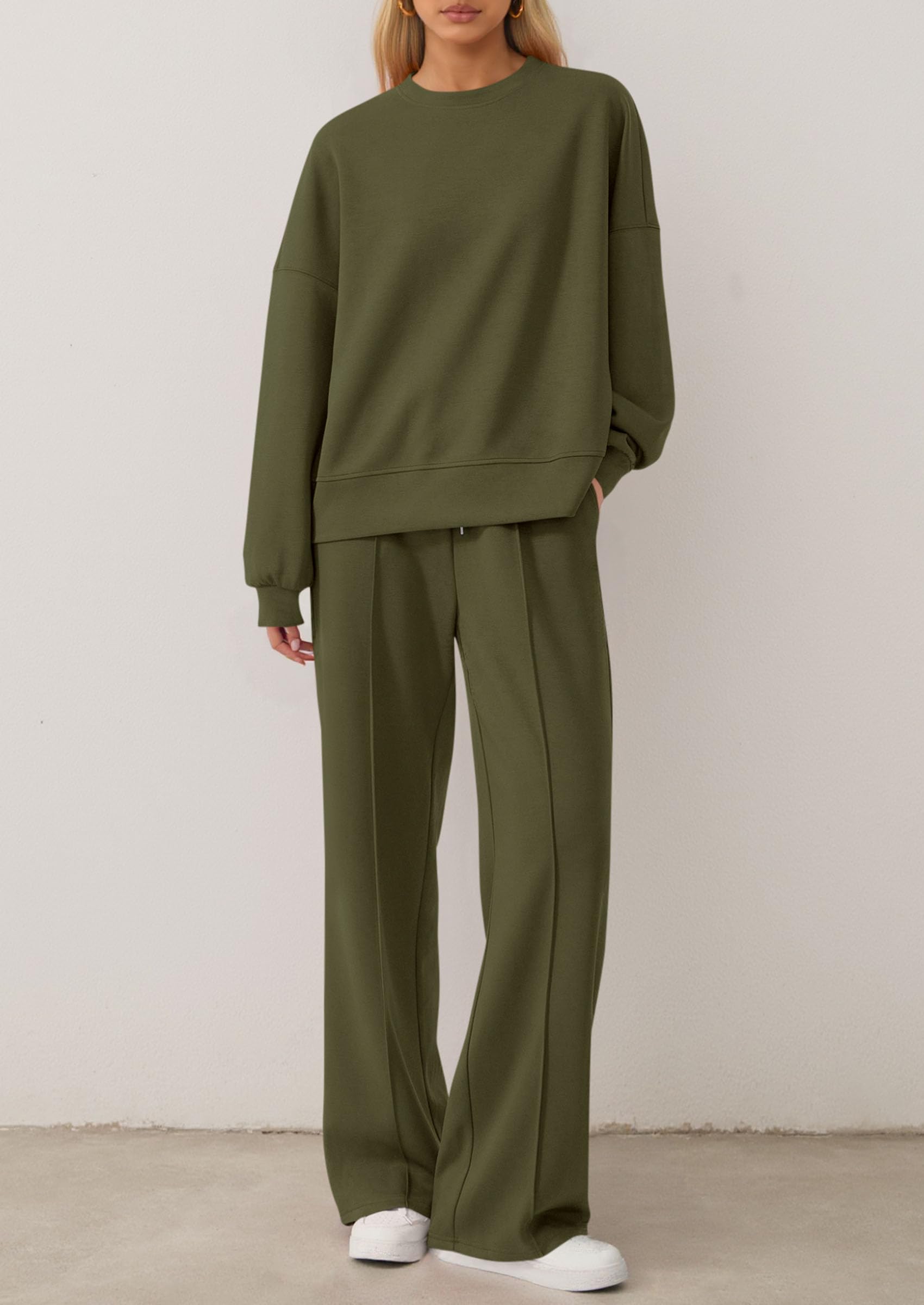Chichi 2 Piece Sets For Women Fall Trendy Long Sleeve Sweatshirt Wide Leg Pants Loungewear Set Matching Sweatsuit Army Green