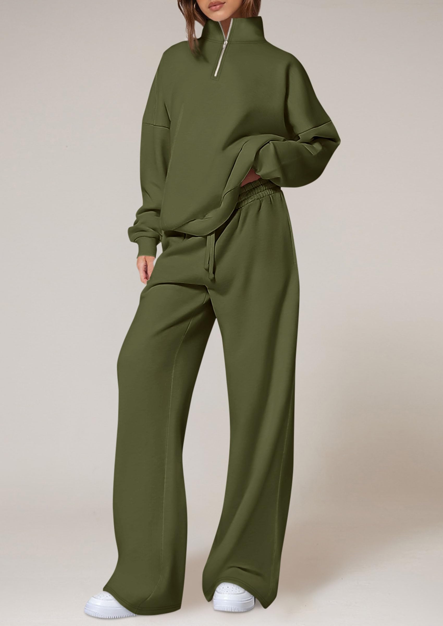Chichi Womens Casual Two Piece Sets Fall Outfits Quarter Zip Sweatshirts Straight Leg Pants Sweatsuits Tracksuit Army Green