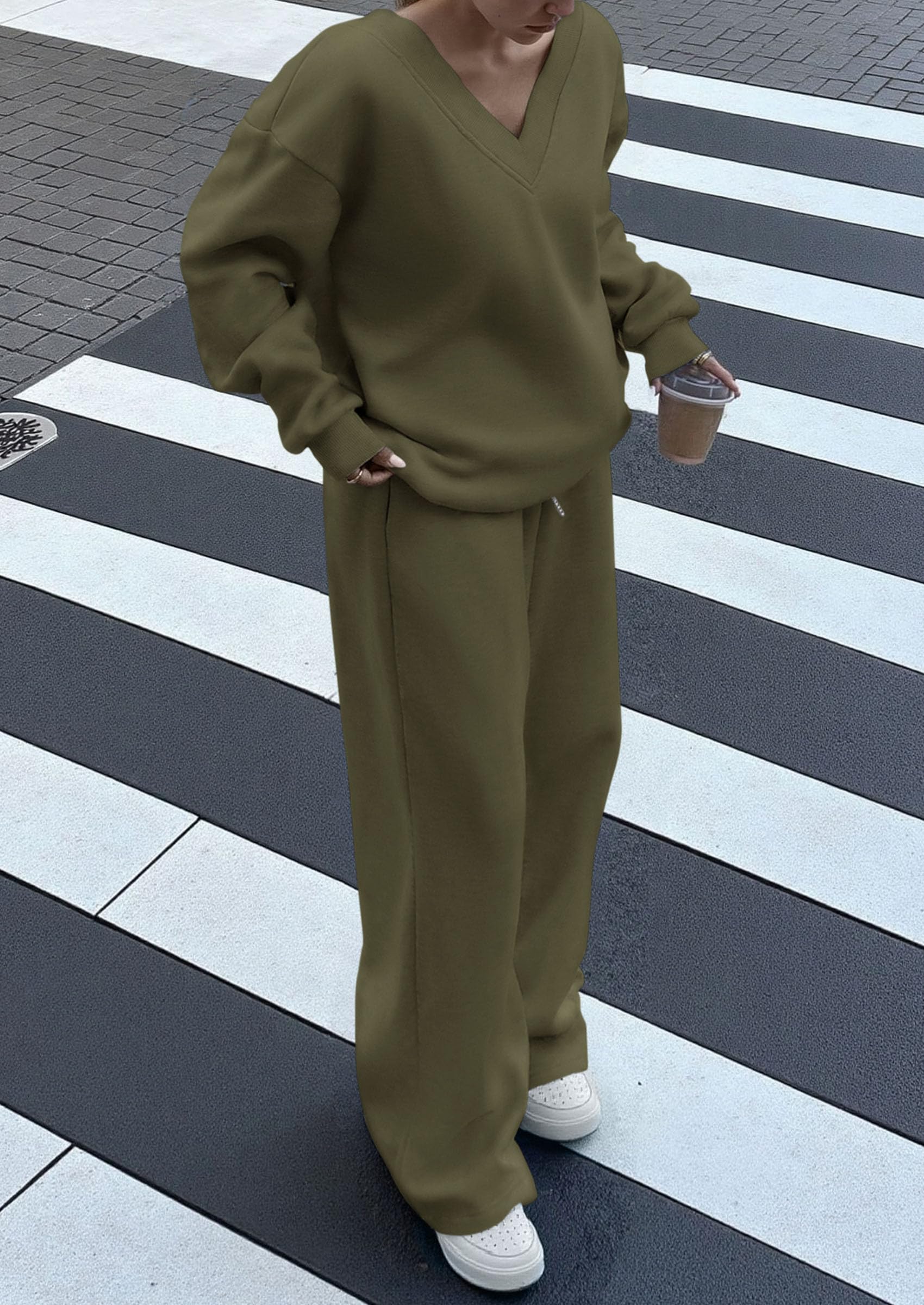 Chichi Casual Winter Two Piece Sets for Women V Neck Sweatshirt Loose Wide Leg Pants Tracksuit Knit Fall Outfits Army Green