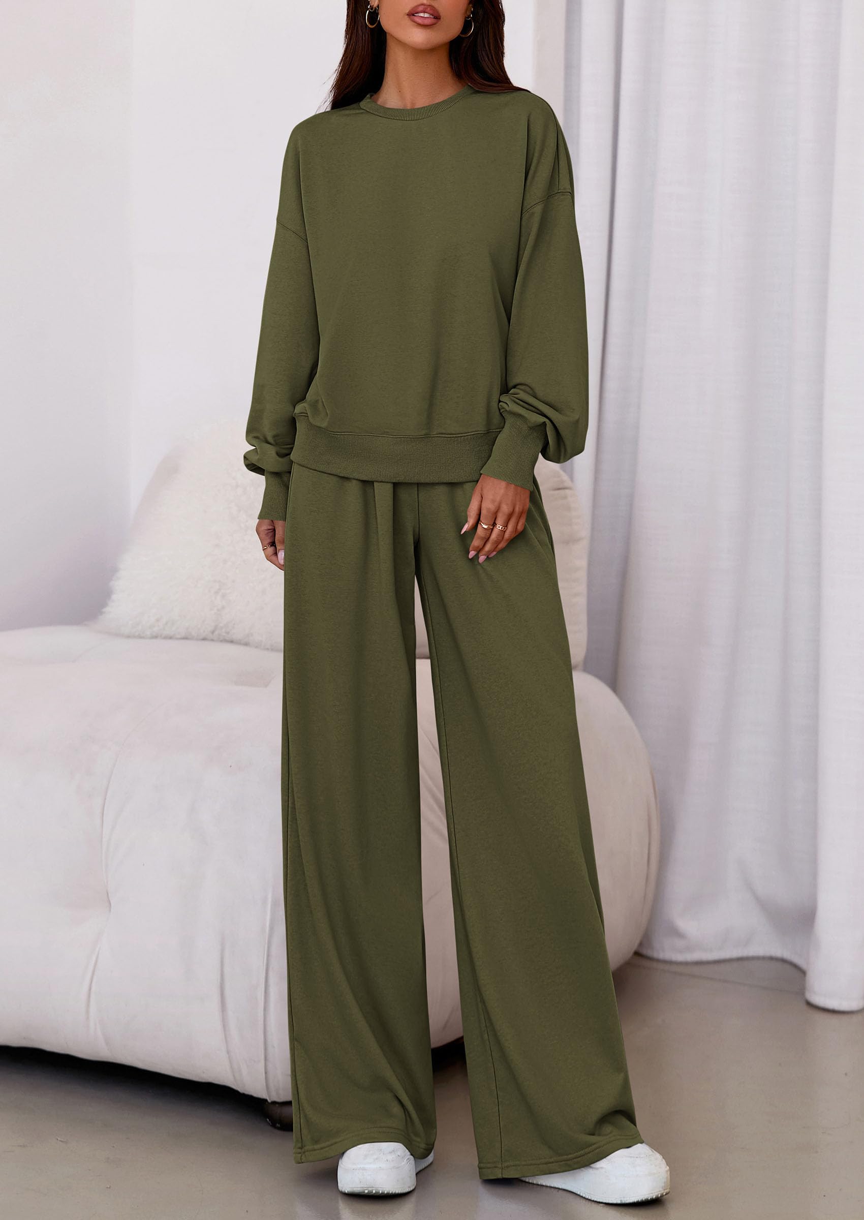 Chichi Womens 2 Piece Sets Long Sleeve Sweatshirt Wide Leg Pants Loose Matching Lounge Set Trendy Fall Outfits Army green