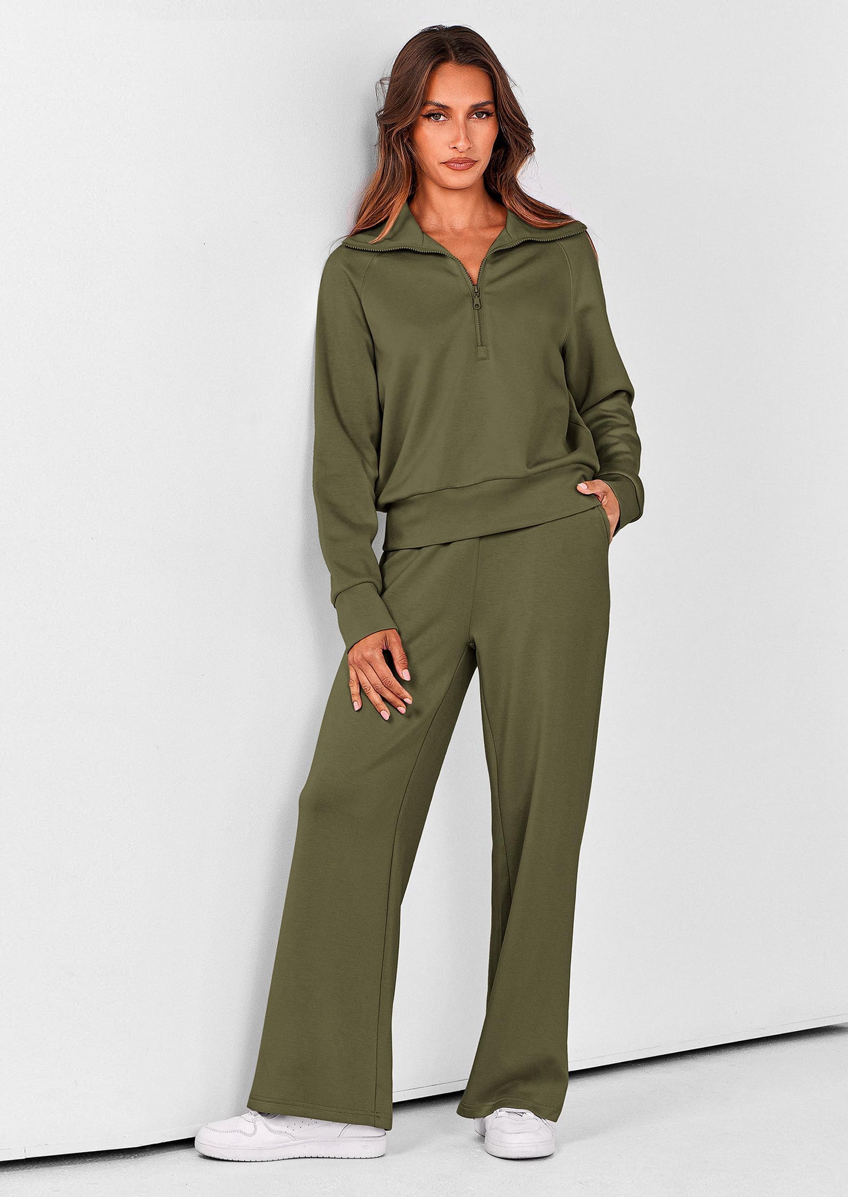 Chichi Women's 2 Piece Outfits Casual Lapel Half Zip Sweatshirts And Wide Leg Pants Tracksuit Sets Army Green