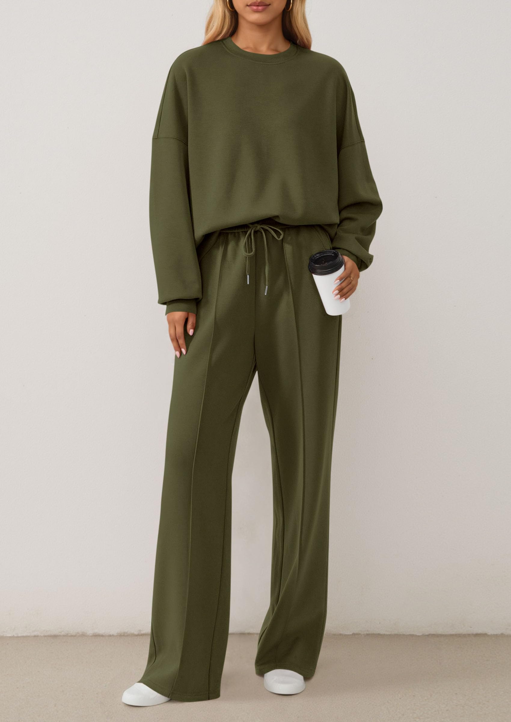 Chichi 2 Piece Sets For Women Fall Trendy Long Sleeve Sweatshirt Wide Leg Pants Loungewear Set Matching Sweatsuit Army Green