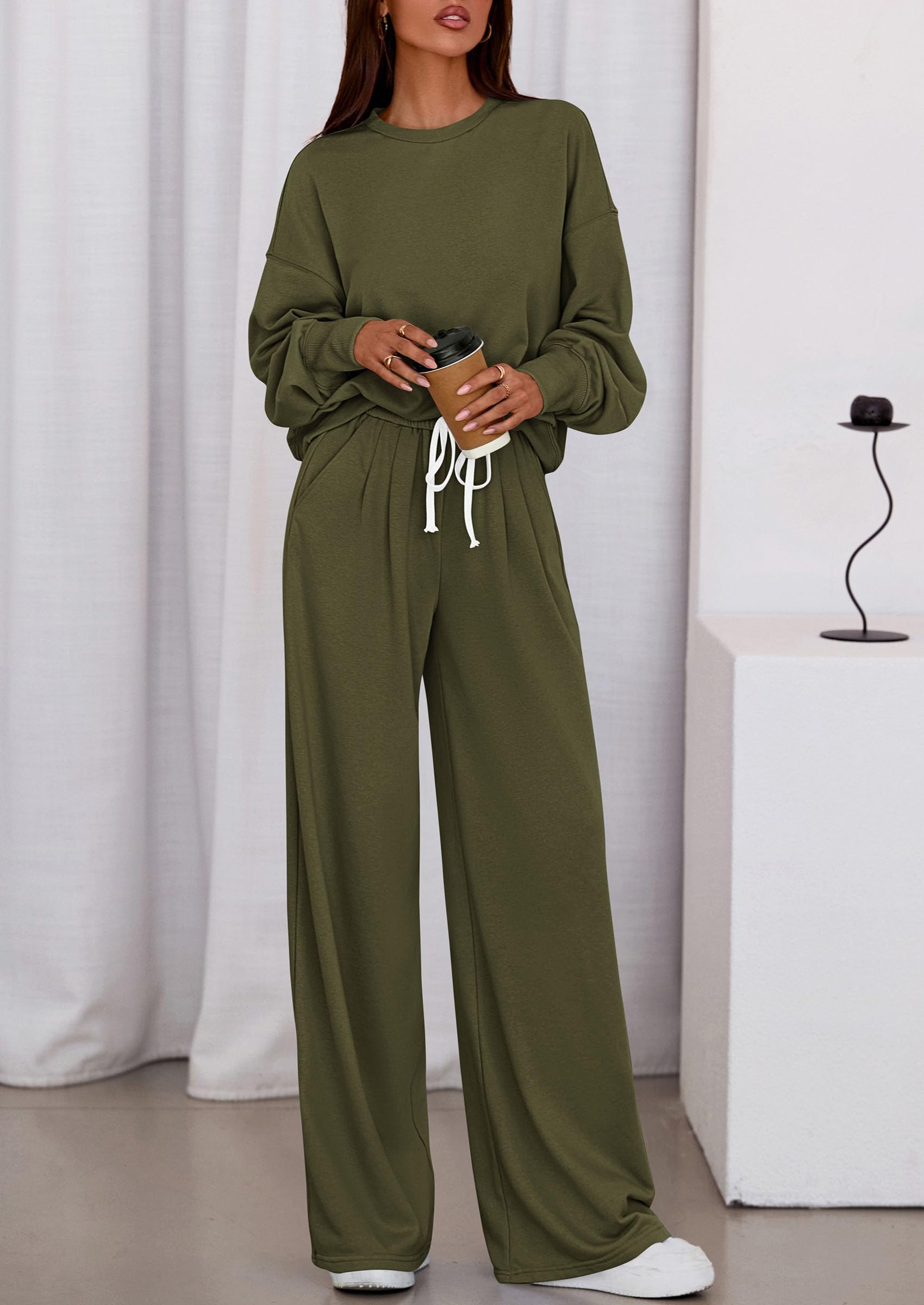 Chichi Womens 2 Piece Sets Long Sleeve Sweatshirt Wide Leg Pants Loose Matching Lounge Set Trendy Fall Outfits Army green