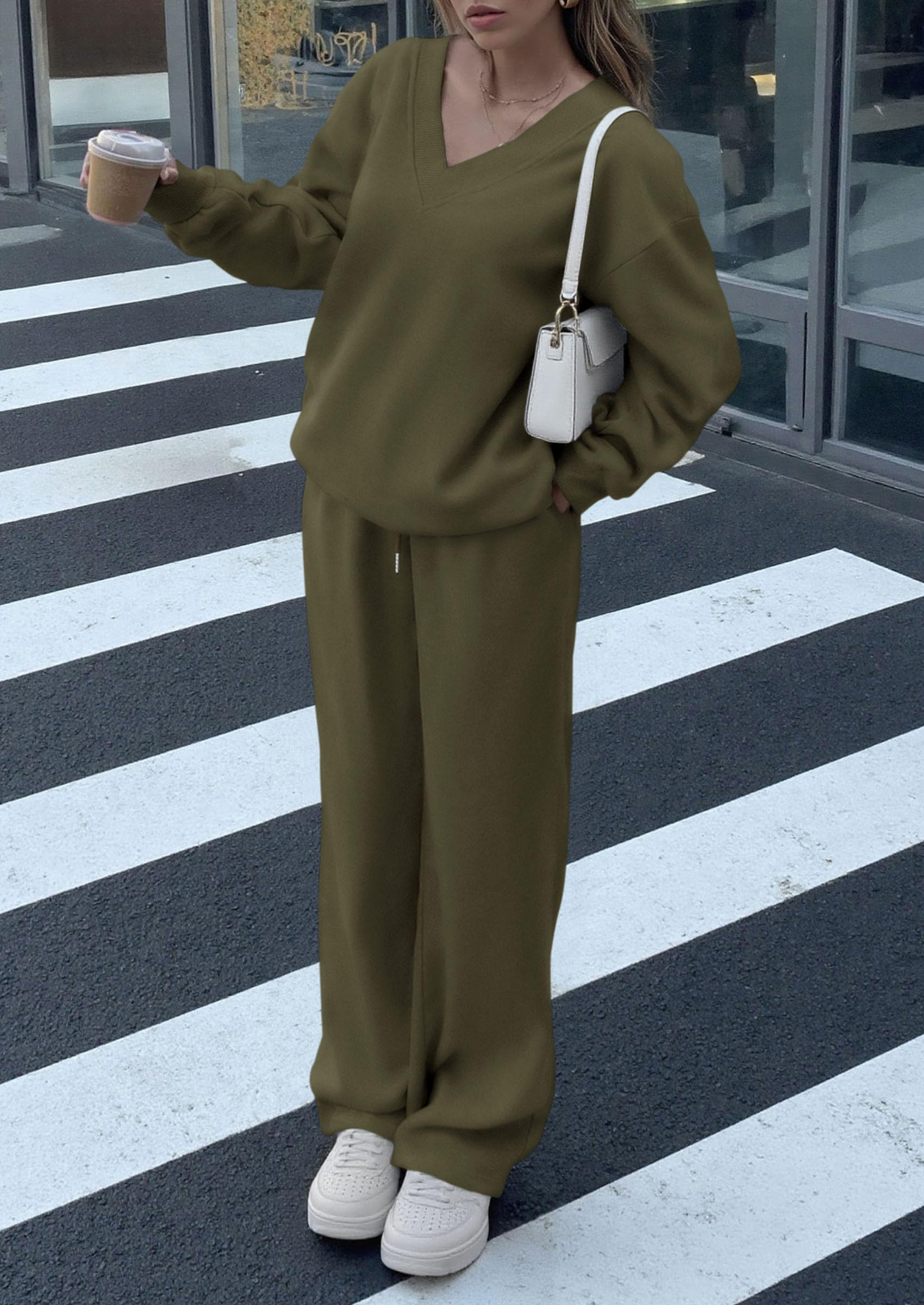 Chichi Casual Winter Two Piece Sets for Women V Neck Sweatshirt Loose Wide Leg Pants Tracksuit Knit Fall Outfits Army Green