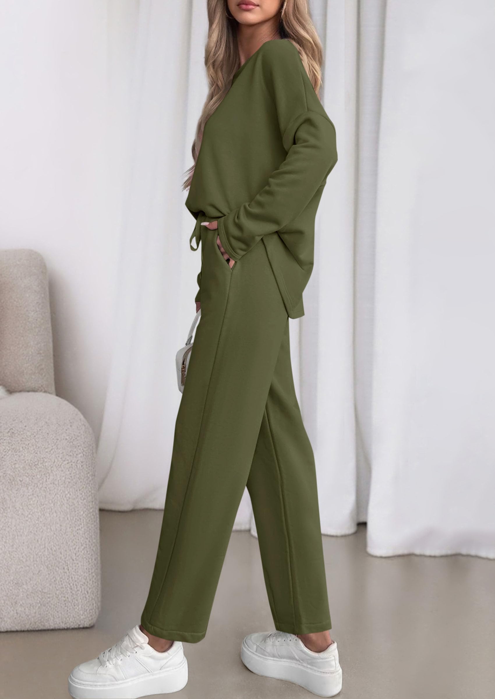 Chichi Womens 2 Piece Matching Lounge Sets Fall Long Sleeve Boatneck Sweatsuit Drawstring Sweatpants Pockets Army Green