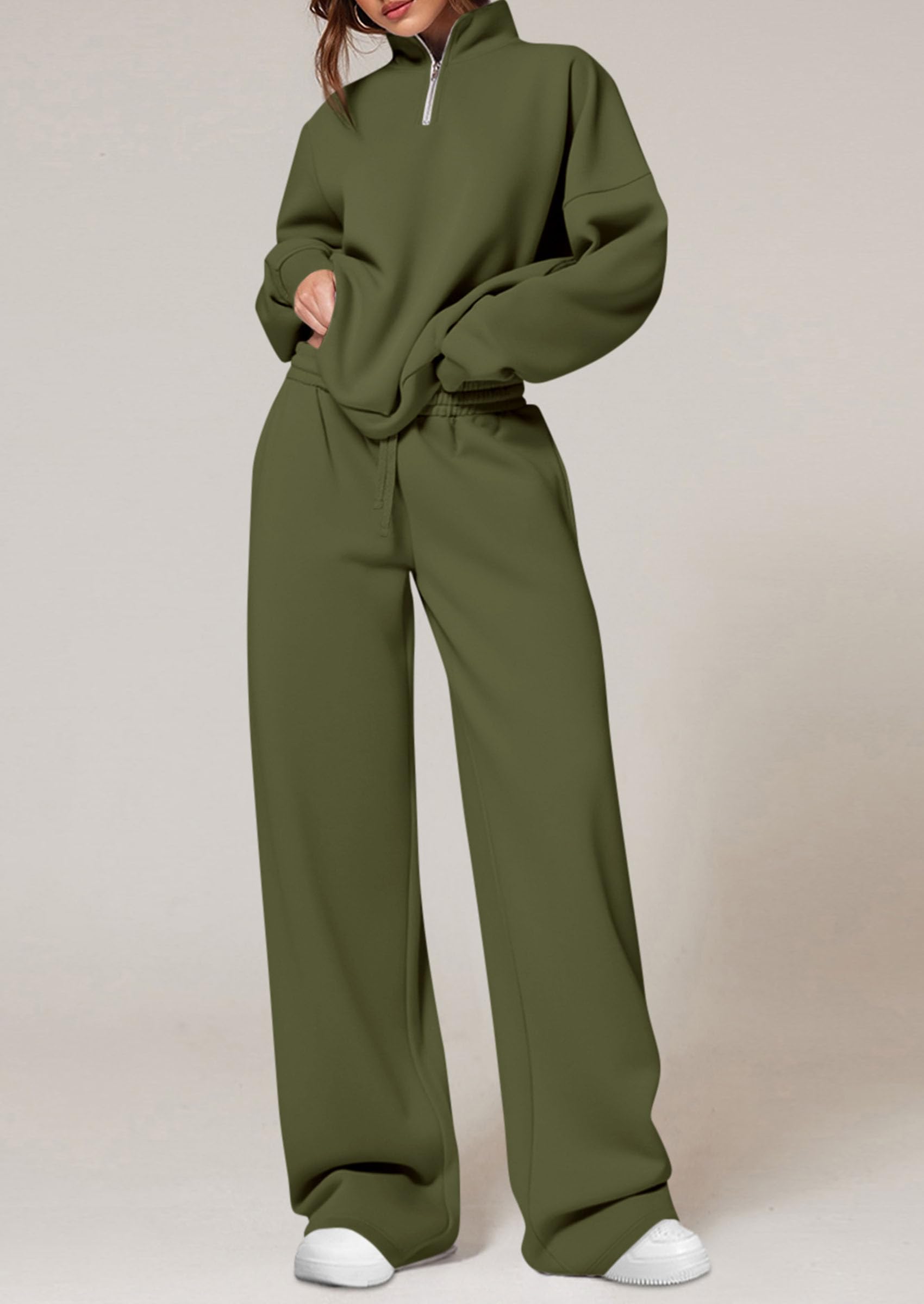 Chichi Womens Casual Two Piece Sets Fall Outfits Quarter Zip Sweatshirts Straight Leg Pants Sweatsuits Tracksuit Army Green