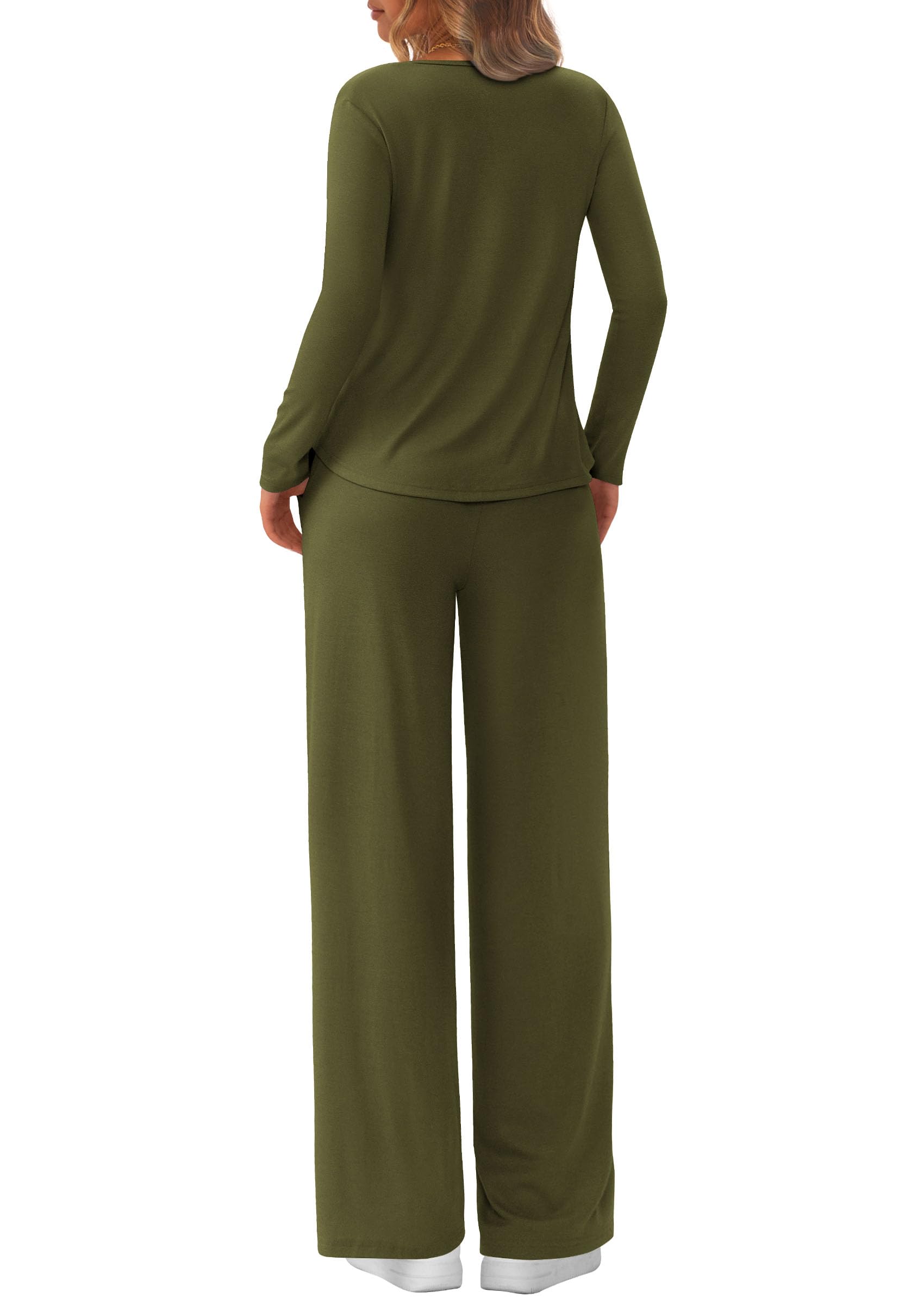Chichi Women's 2 Piece Fall Sets Casual Long Sleeve Shirts Wide Leg Pants Lounge Travel Outfits Fashion Clothing Army green