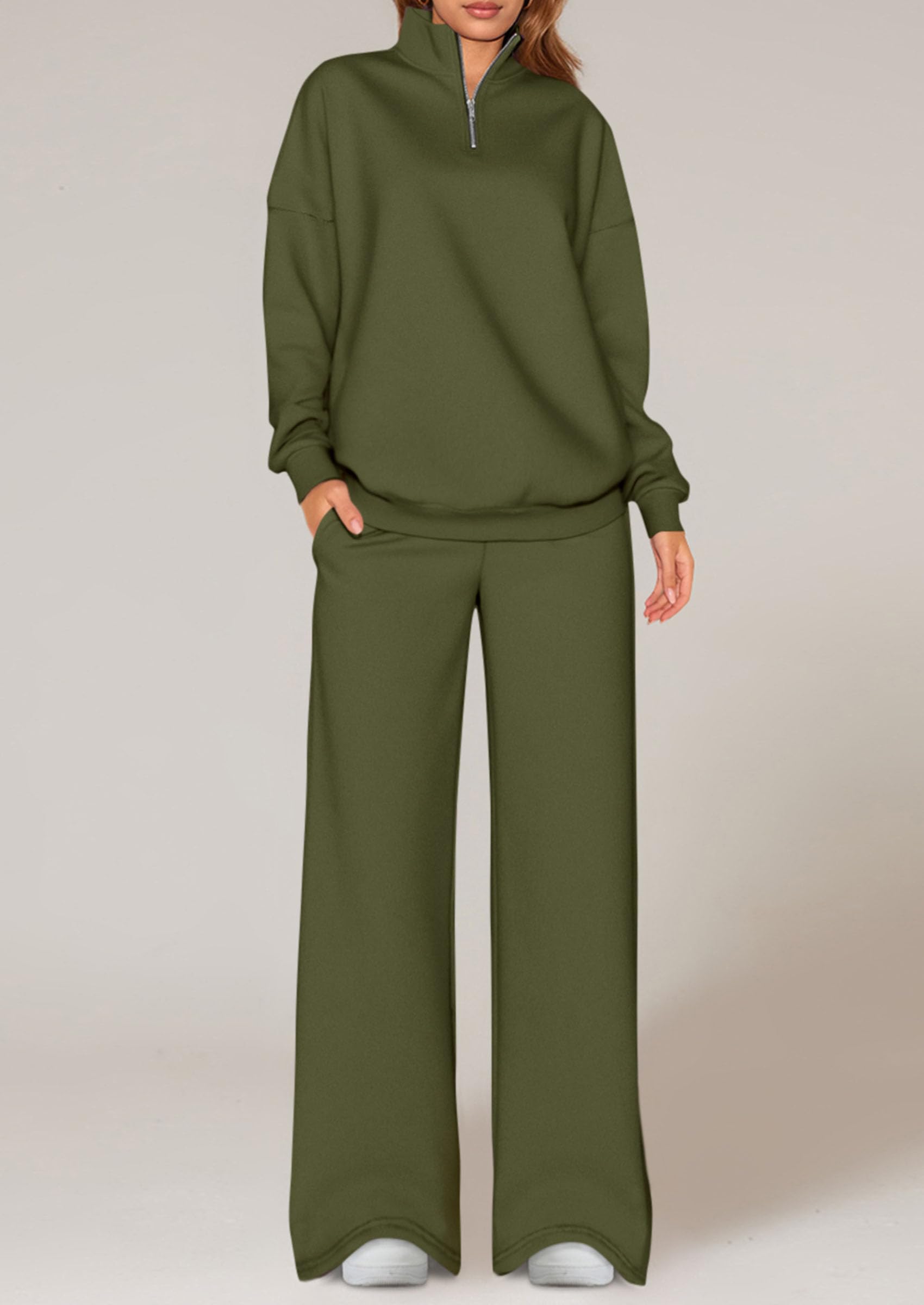 Chichi Womens Casual Two Piece Sets Fall Outfits Quarter Zip Sweatshirts Straight Leg Pants Sweatsuits Tracksuit Army Green