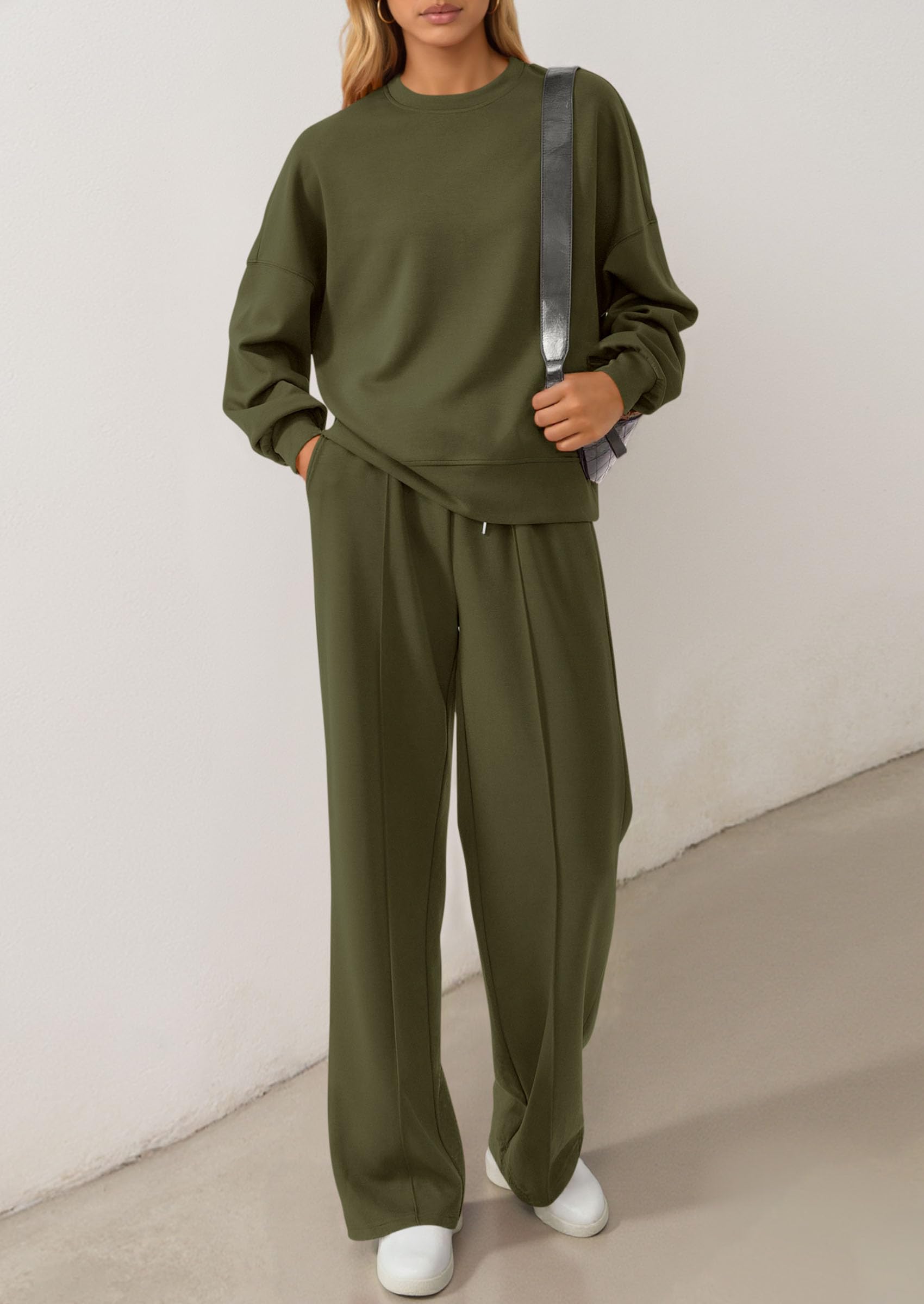 Chichi 2 Piece Sets For Women Fall Trendy Long Sleeve Sweatshirt Wide Leg Pants Loungewear Set Matching Sweatsuit Army Green