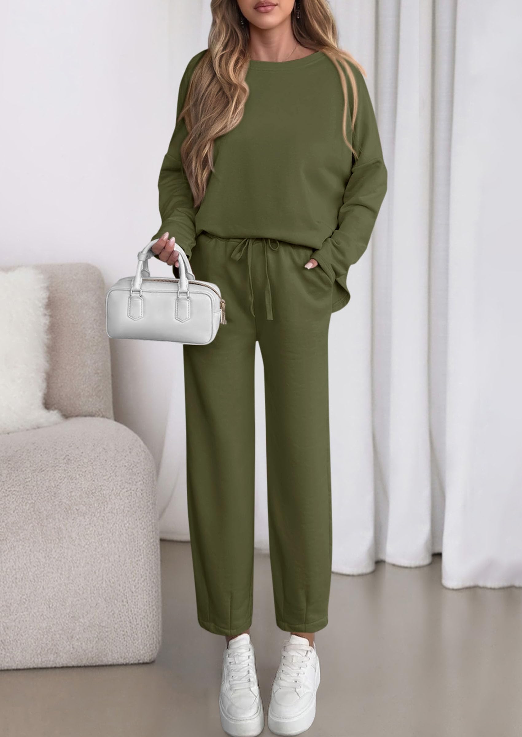 Chichi Womens 2 Piece Matching Lounge Sets Fall Long Sleeve Boatneck Sweatsuit Drawstring Sweatpants Pockets Army Green