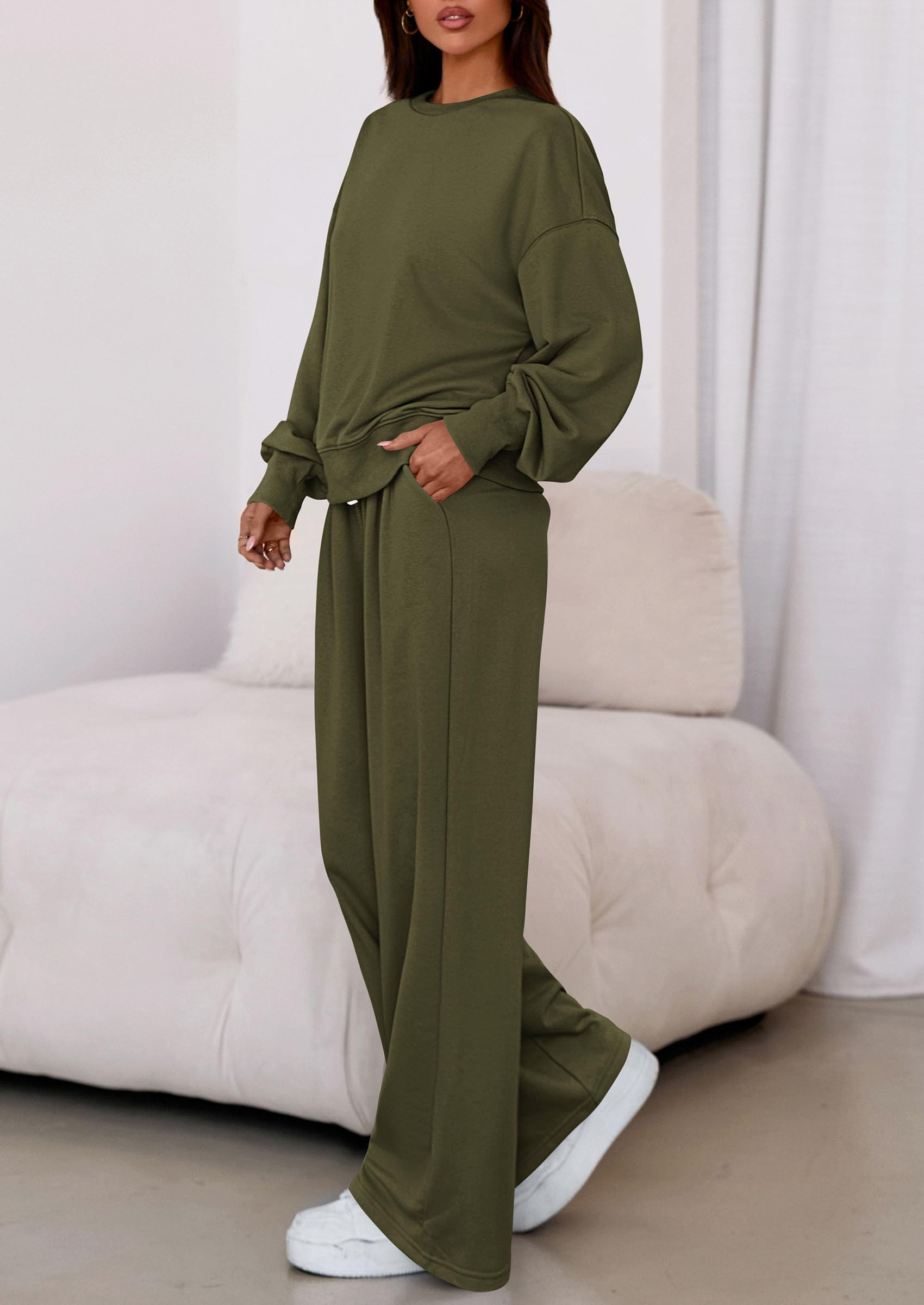 Chichi Womens 2 Piece Sets Long Sleeve Sweatshirt Wide Leg Pants Loose Matching Lounge Set Trendy Fall Outfits Army green