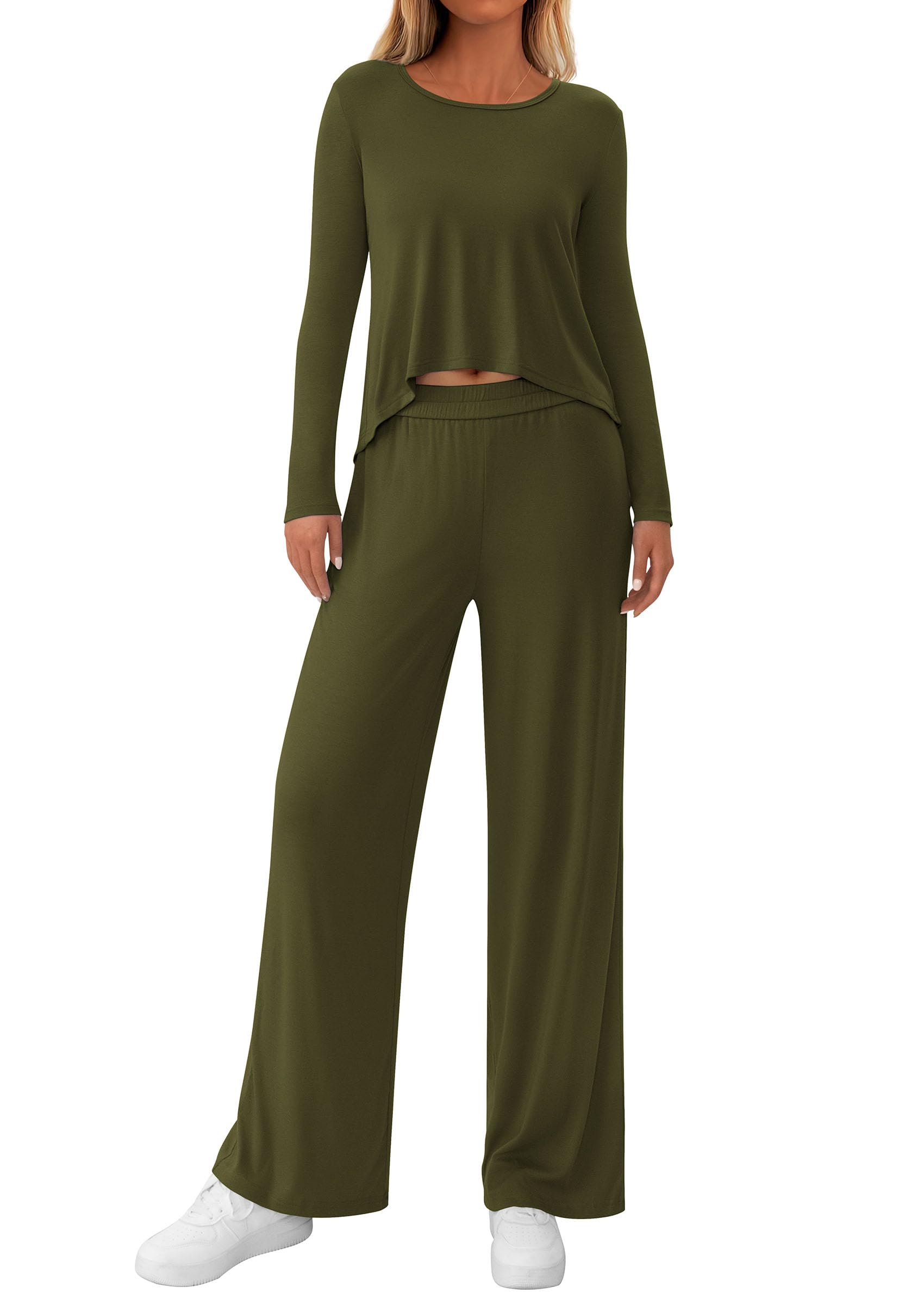 Chichi Women's 2 Piece Fall Sets Casual Long Sleeve Shirts Wide Leg Pants Lounge Travel Outfits Fashion Clothing Army green