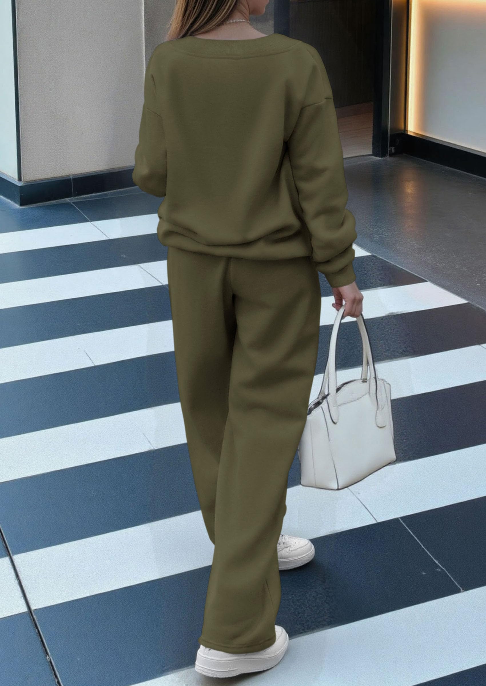 Chichi Casual Winter Two Piece Sets for Women V Neck Sweatshirt Loose Wide Leg Pants Tracksuit Knit Fall Outfits Army Green