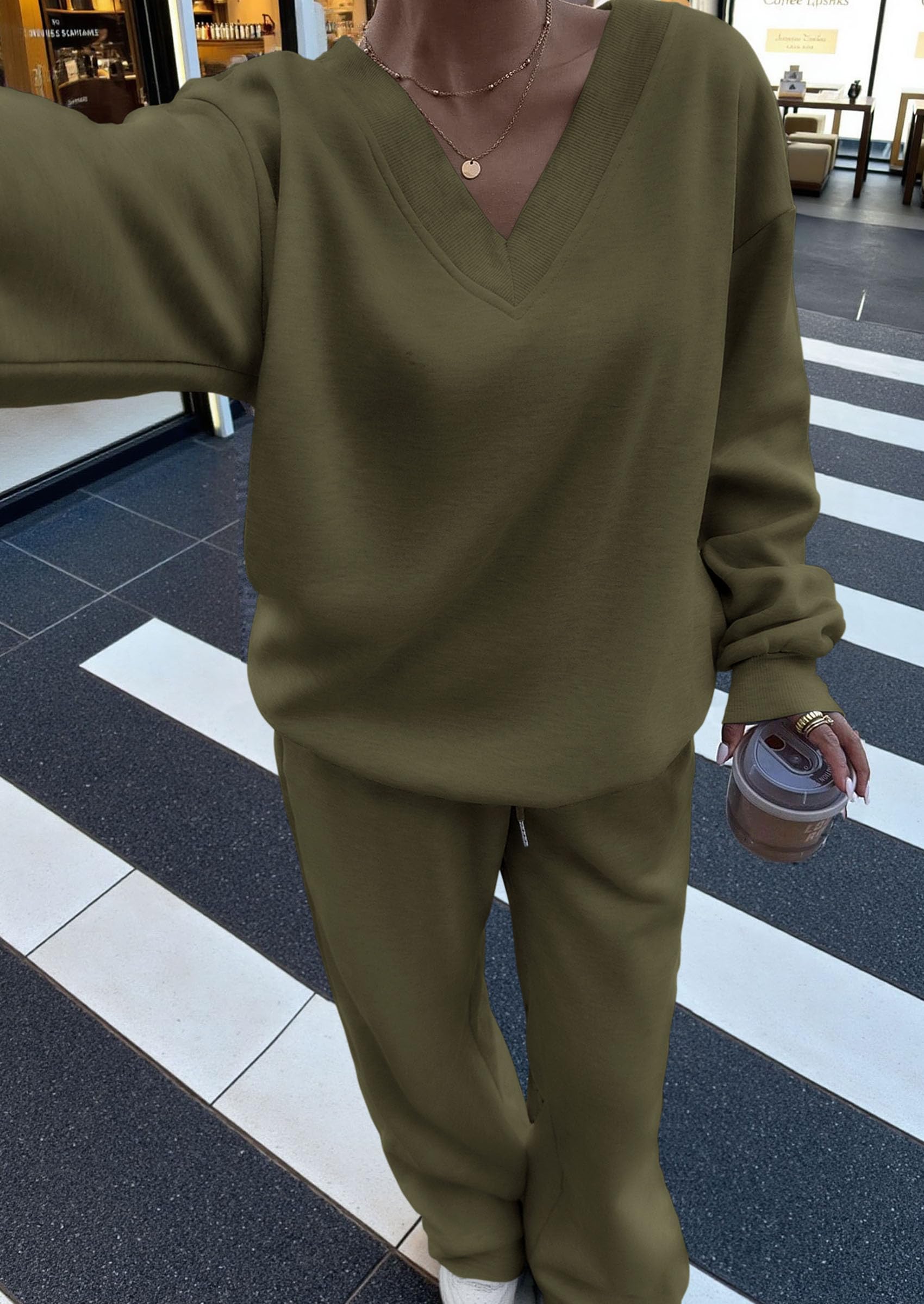 Chichi Casual Winter Two Piece Sets for Women V Neck Sweatshirt Loose Wide Leg Pants Tracksuit Knit Fall Outfits Army Green