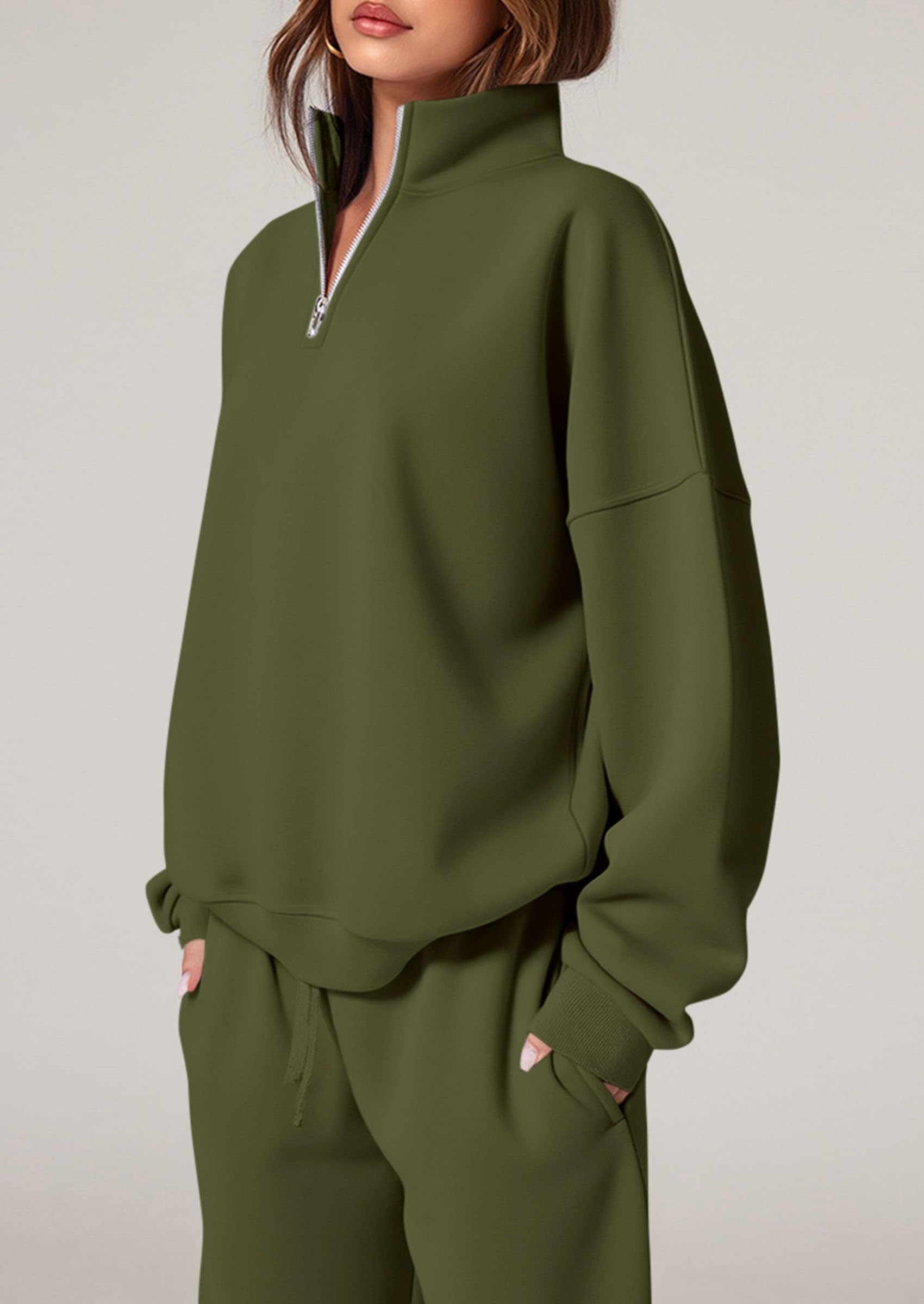 Chichi Womens Casual Two Piece Sets Fall Outfits Quarter Zip Sweatshirts Straight Leg Pants Sweatsuits Tracksuit Army Green