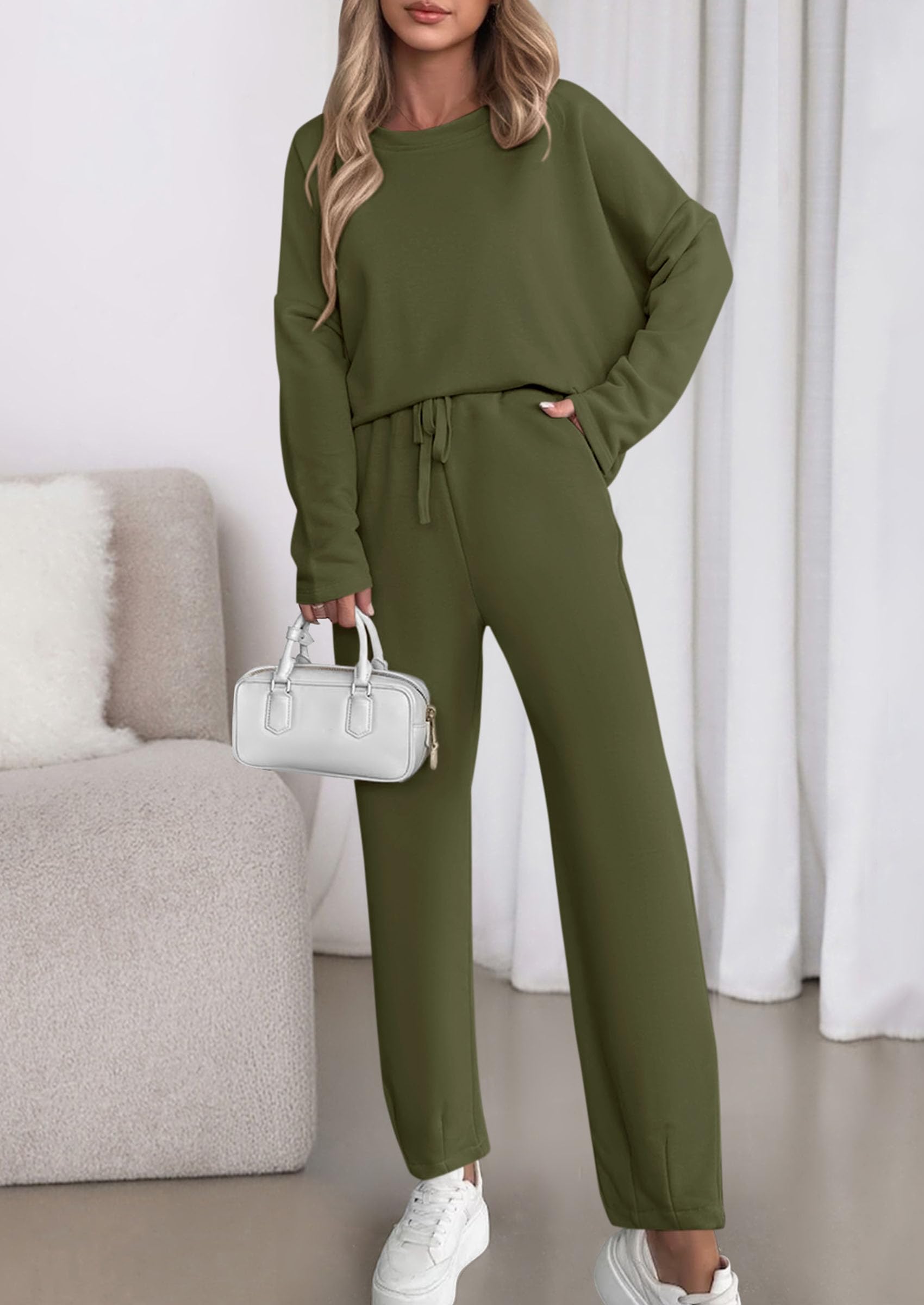 Chichi Womens 2 Piece Matching Lounge Sets Fall Long Sleeve Boatneck Sweatsuit Drawstring Sweatpants Pockets Army Green