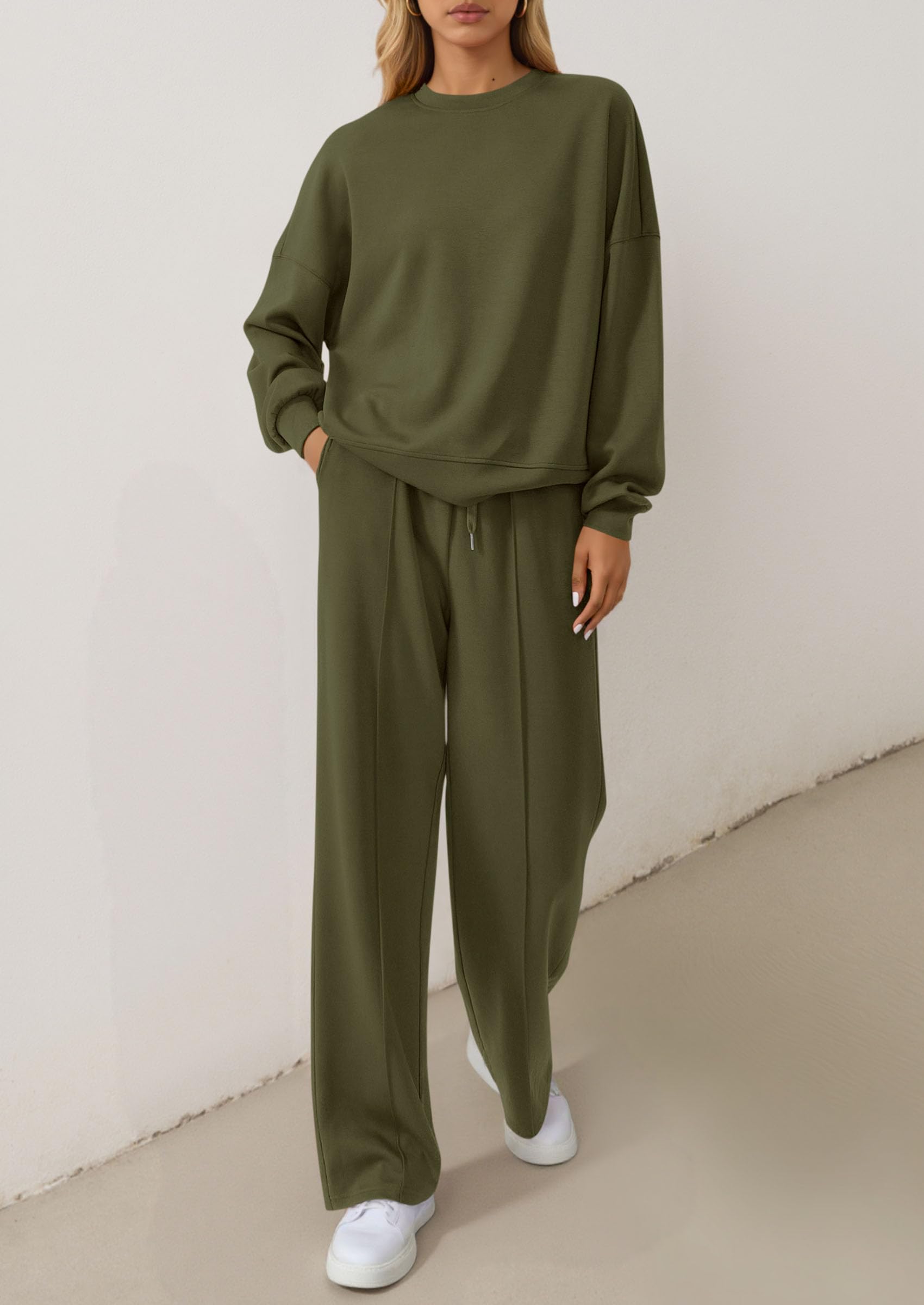 Chichi 2 Piece Sets For Women Fall Trendy Long Sleeve Sweatshirt Wide Leg Pants Loungewear Set Matching Sweatsuit Army Green