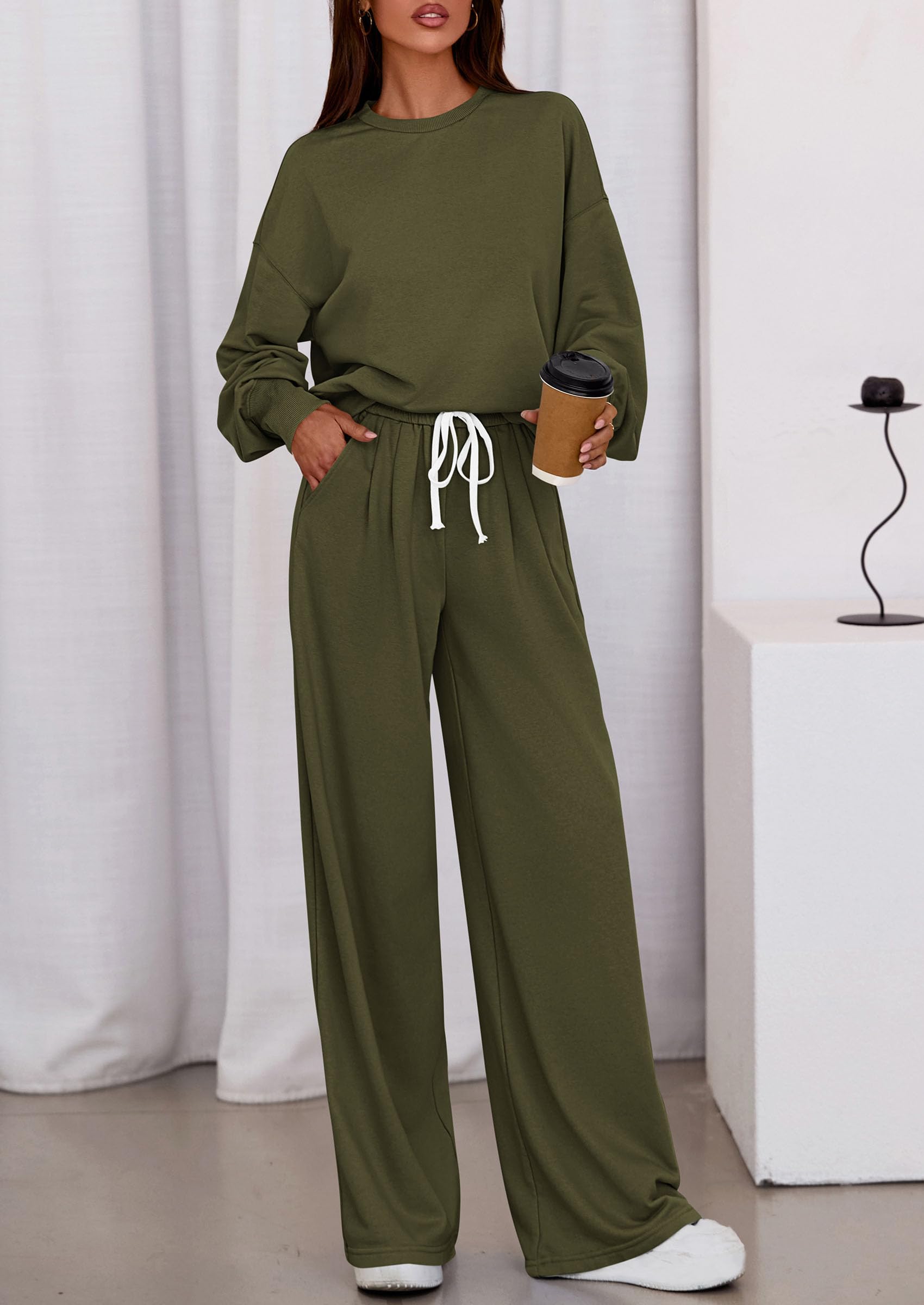 Chichi Womens 2 Piece Sets Long Sleeve Sweatshirt Wide Leg Pants Loose Matching Lounge Set Trendy Fall Outfits Army green