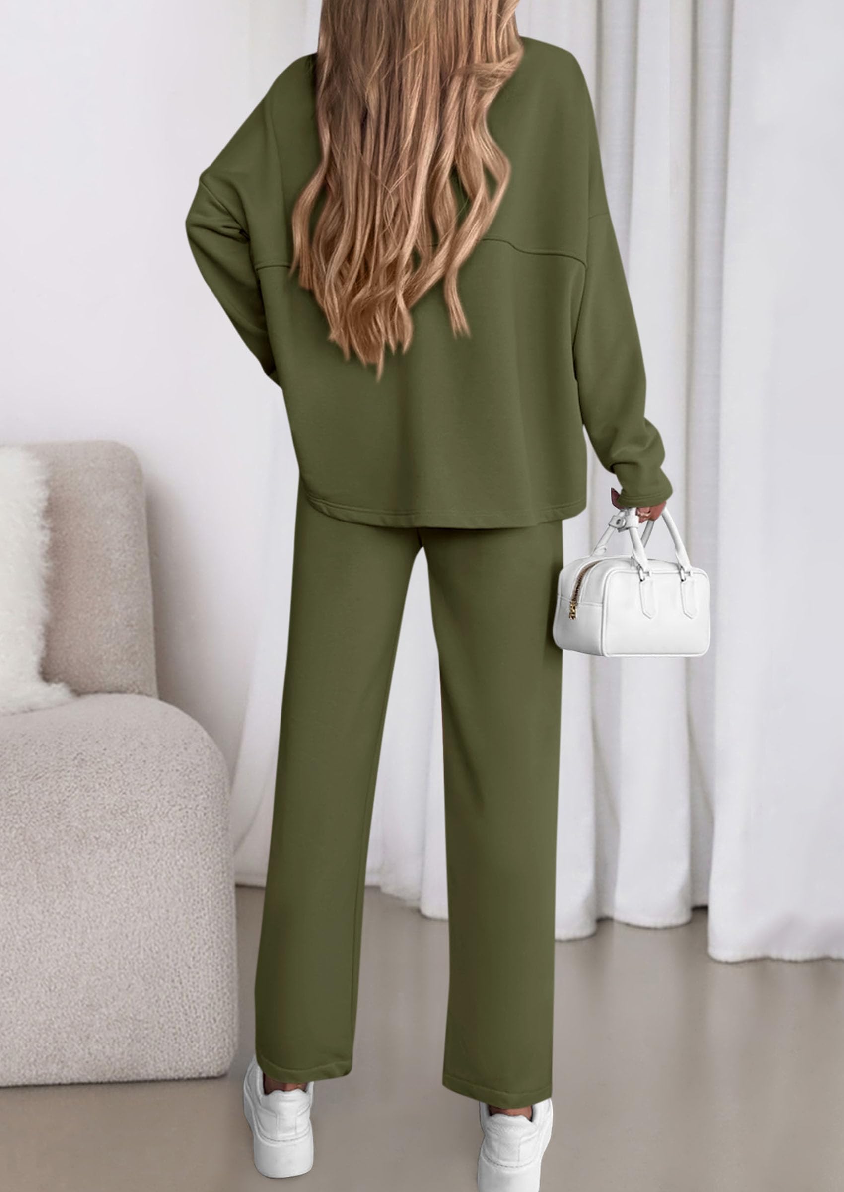 Chichi Womens 2 Piece Matching Lounge Sets Fall Long Sleeve Boatneck Sweatsuit Drawstring Sweatpants Pockets Army Green