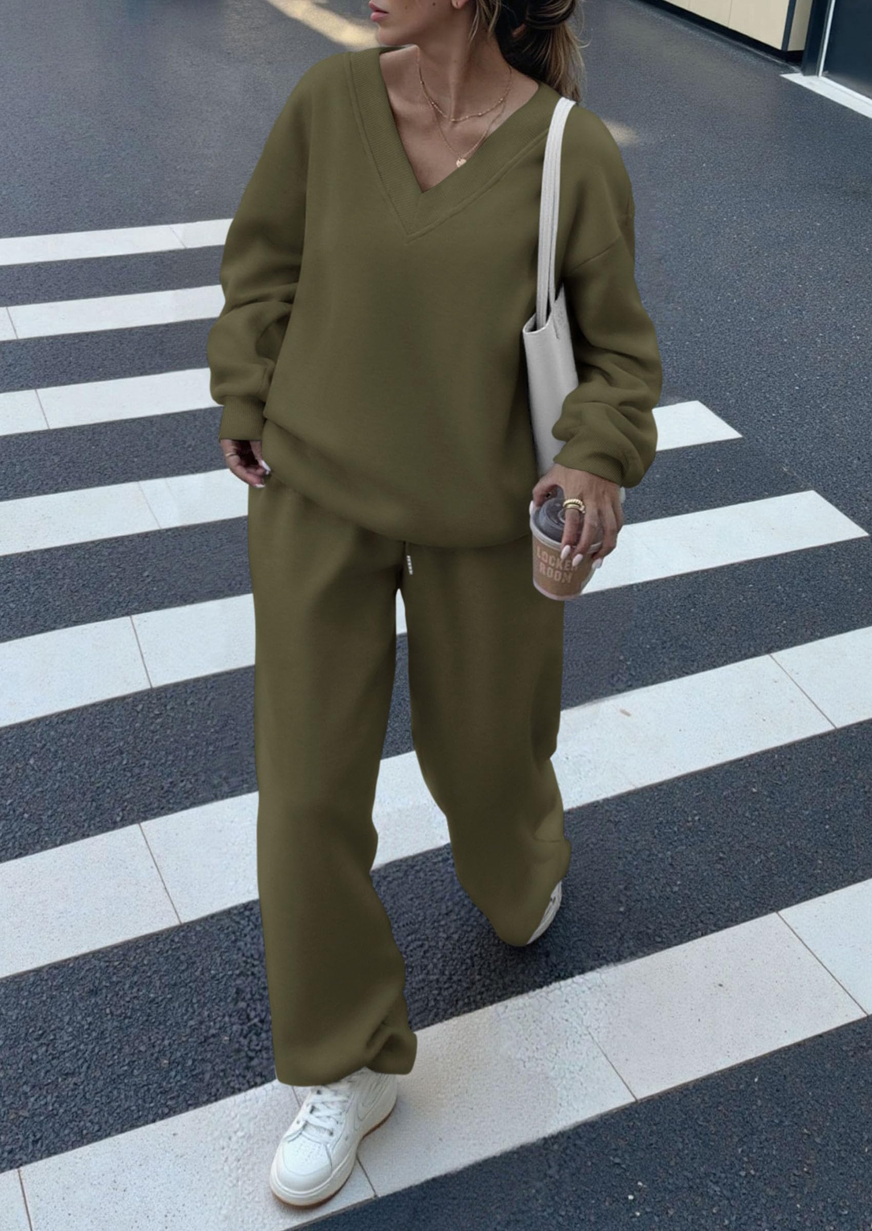 Chichi Casual Winter Two Piece Sets for Women V Neck Sweatshirt Loose Wide Leg Pants Tracksuit Knit Fall Outfits Army Green