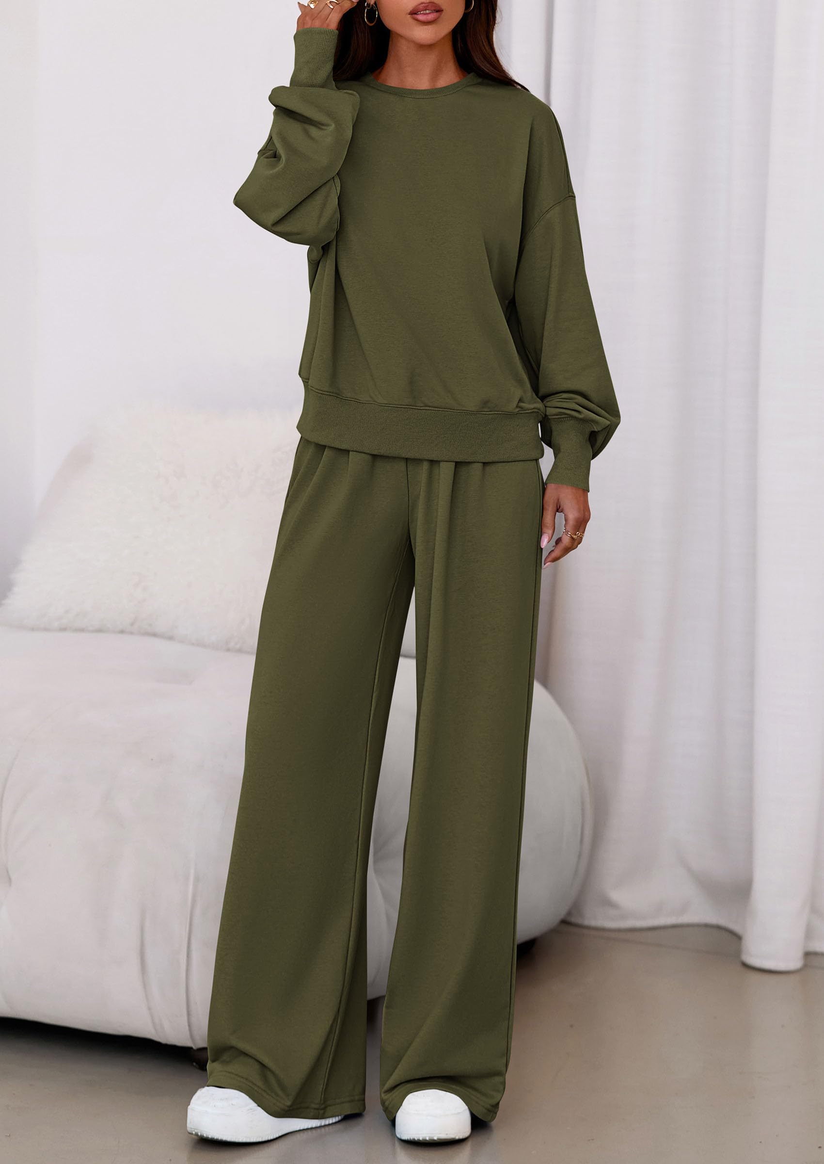 Chichi Womens 2 Piece Sets Long Sleeve Sweatshirt Wide Leg Pants Loose Matching Lounge Set Trendy Fall Outfits Army green