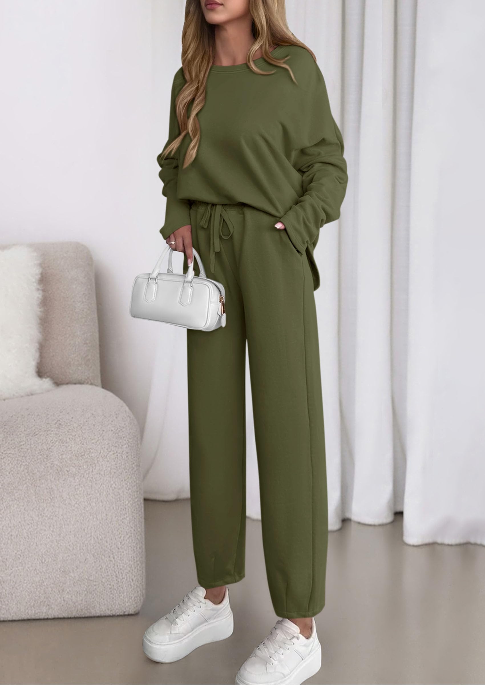 Chichi Womens 2 Piece Matching Lounge Sets Fall Long Sleeve Boatneck Sweatsuit Drawstring Sweatpants Pockets Army Green