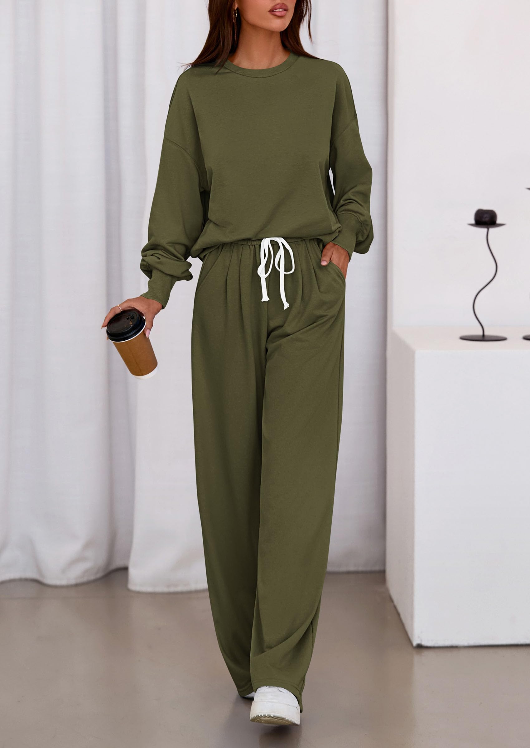 Chichi Womens 2 Piece Sets Long Sleeve Sweatshirt Wide Leg Pants Loose Matching Lounge Set Trendy Fall Outfits Army green