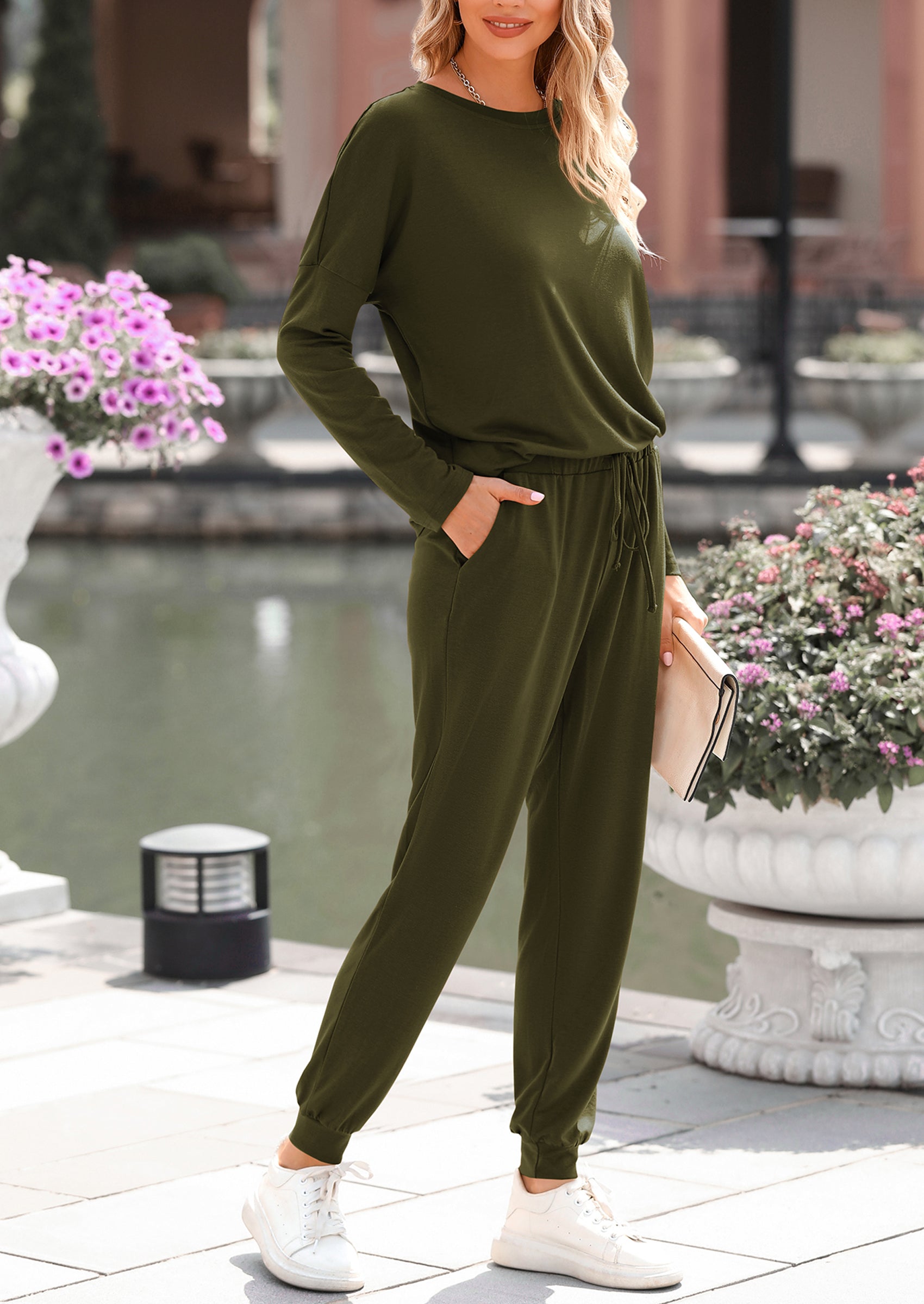 Chichi Lounge Outfit Long Sleeve Crewneck Pullover Tops High Waisted Pants Set Tracksuit Army Green