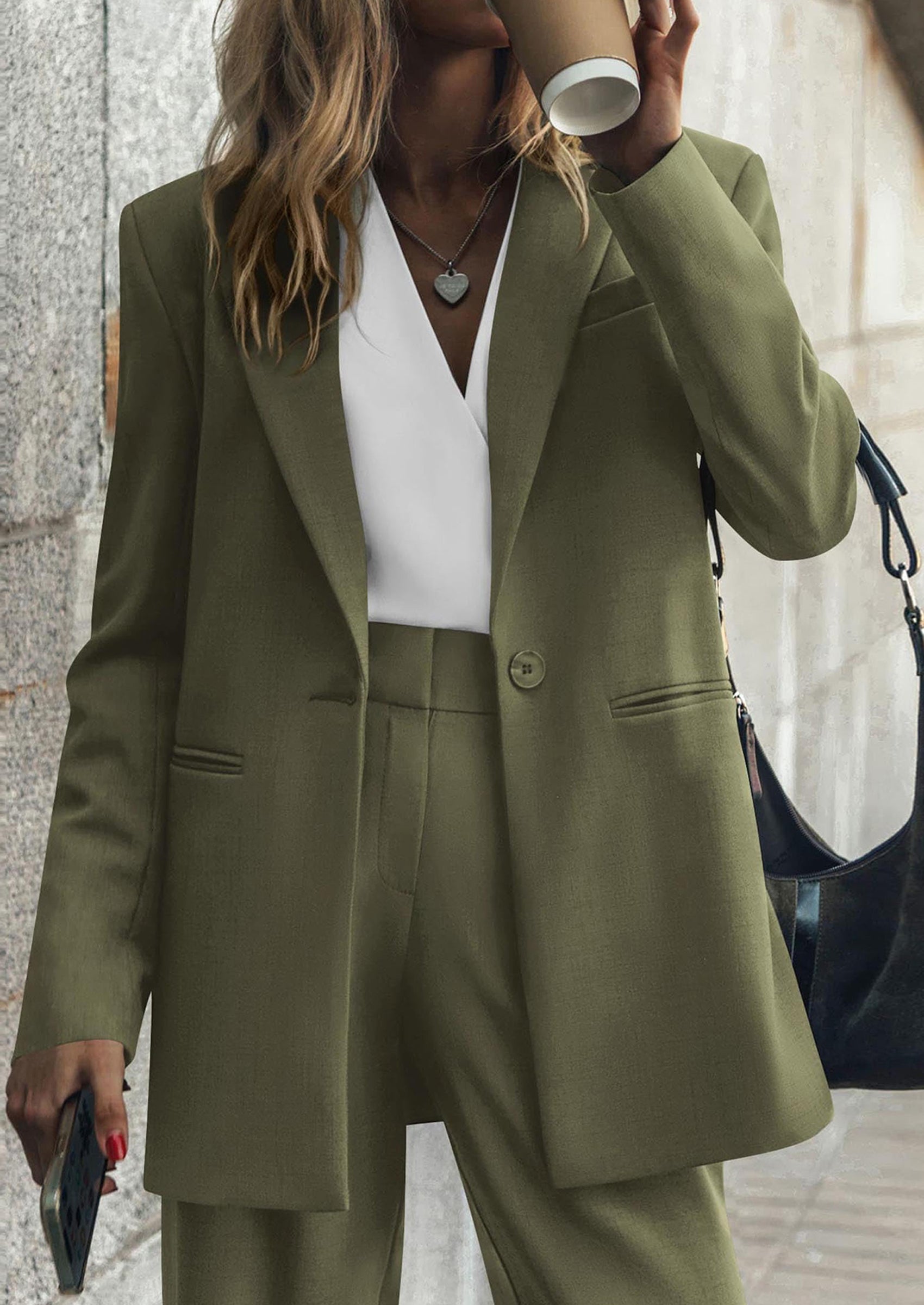 Chichi Women's Fall Two Piece Outfits Dressy Blazer Jacket and Wide Leg Pants Pockets Business Casual Office Suit Sets Army Green