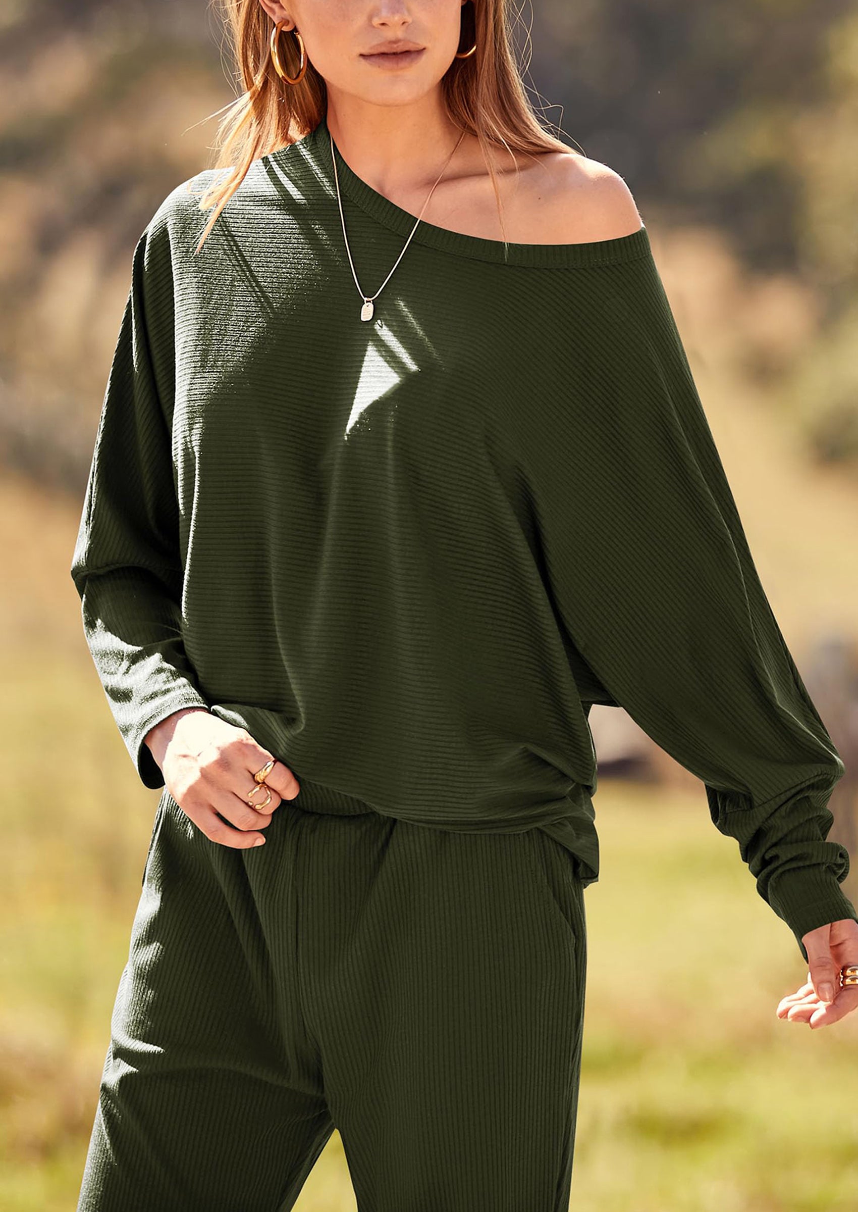 Chichi Women's Fall 2 Piece Lounge Set Long Sleeve Tops Ribbed Pants Spring Matching Sweatsuit Travel Outfits Clothes Army green
