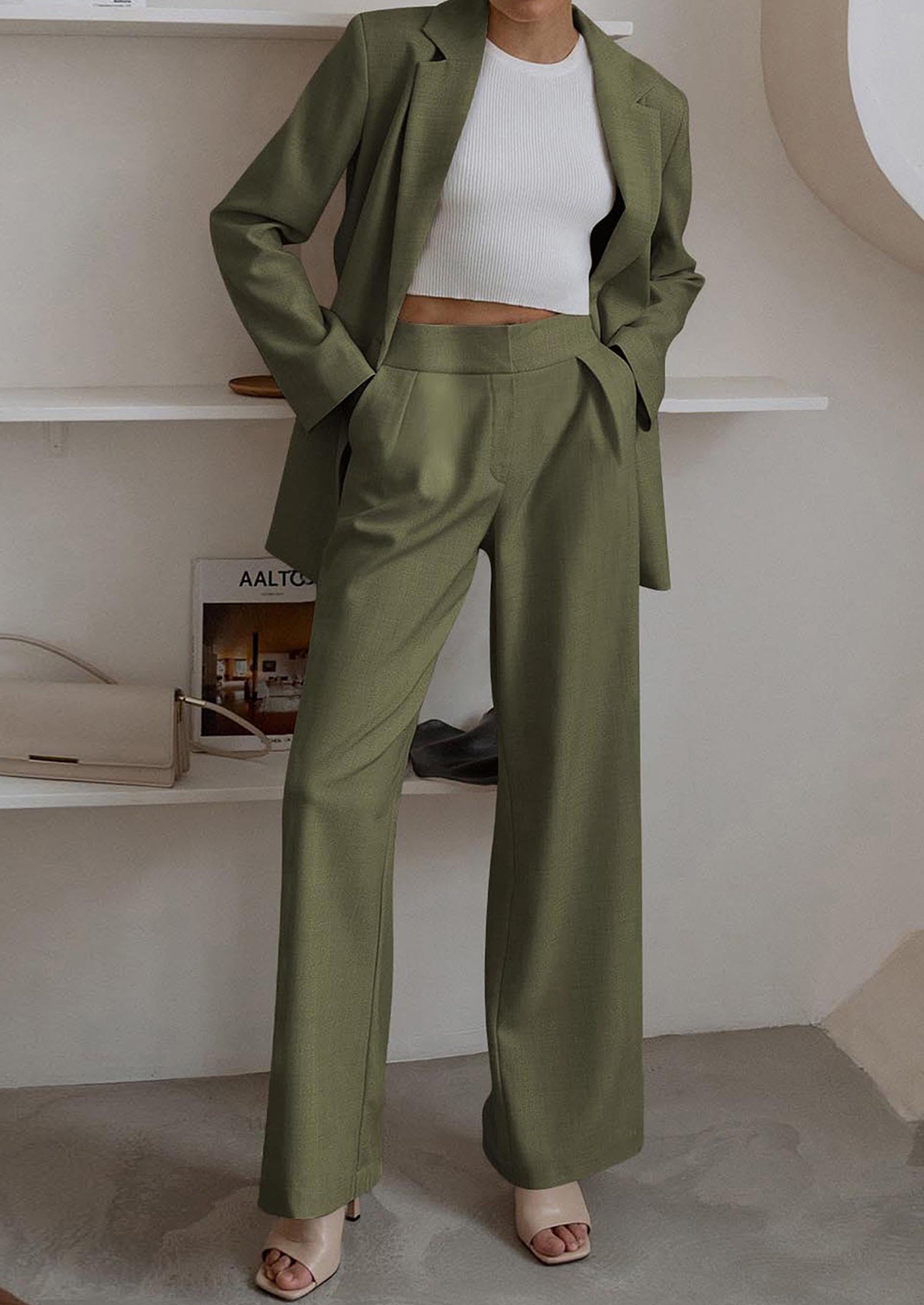 Chichi Women's Fall Two Piece Outfits Dressy Blazer Jacket and Wide Leg Pants Pockets Business Casual Office Suit Sets Army Green