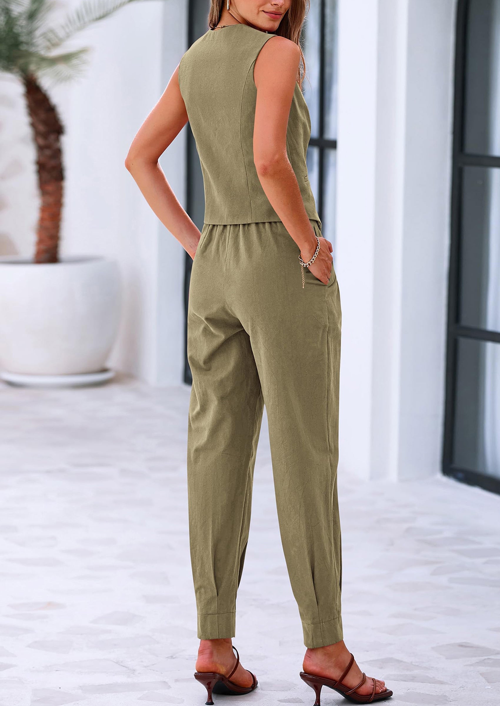 Chichi Two Piece V Neck Button Front Cropped Tank Tops Vest Pockets Pants Cotton Sets Army Green