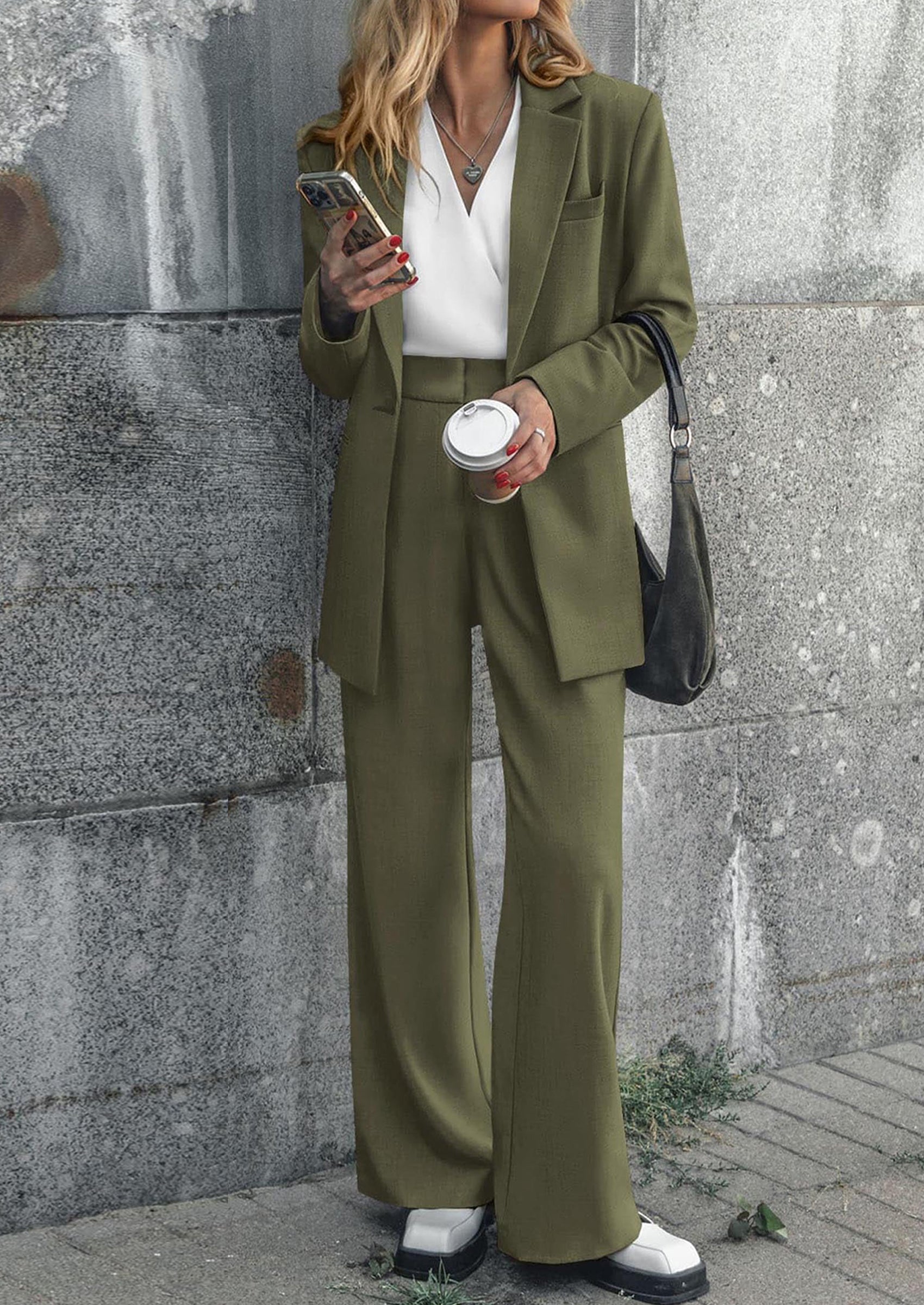 Chichi Women's Fall Two Piece Outfits Dressy Blazer Jacket and Wide Leg Pants Pockets Business Casual Office Suit Sets Army Green