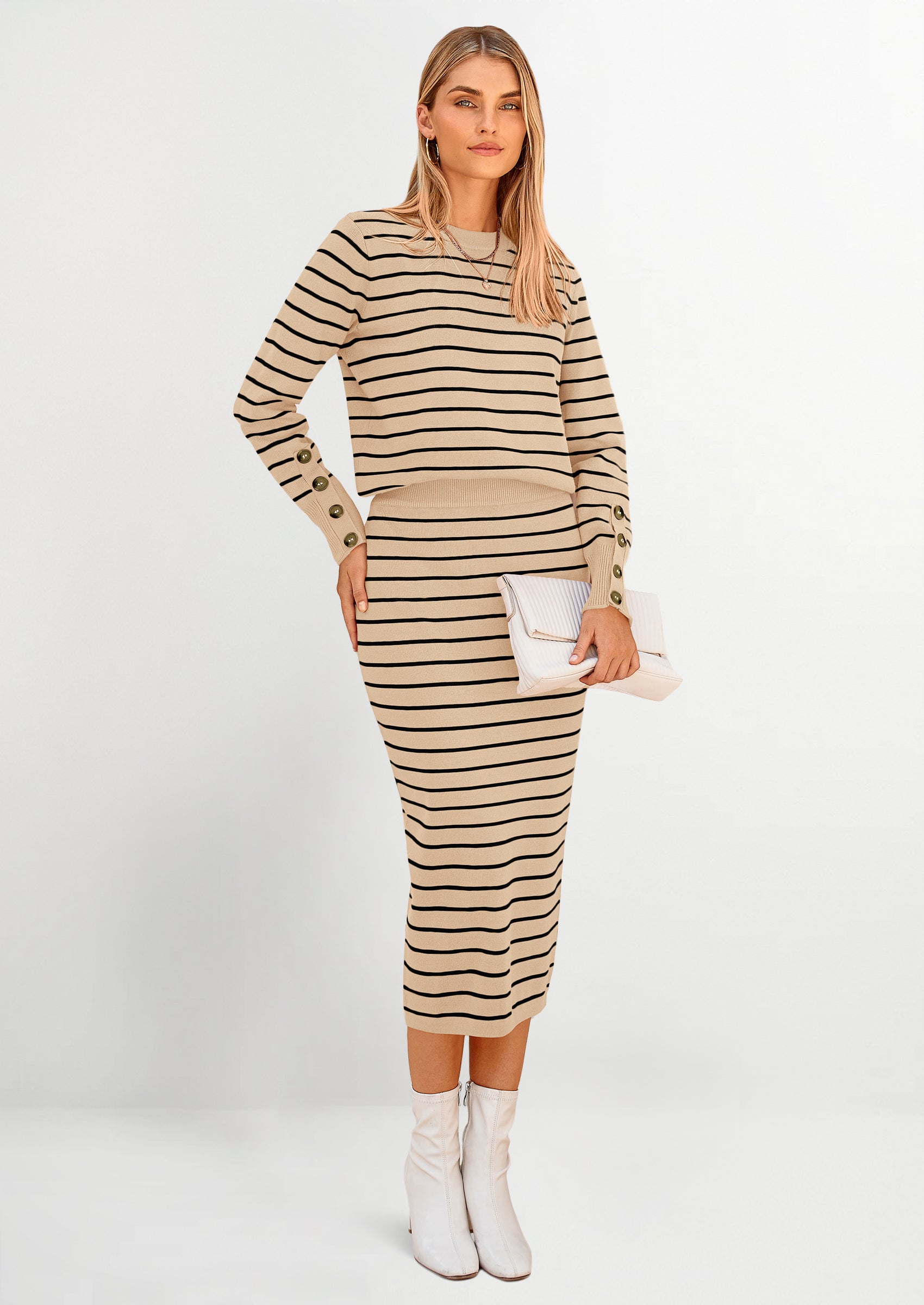 Chichi 2 Piece Skirts Sets For Women Fall Fashion Striped Sweater Dress Knit Lounge Travel Outfits Winter Clothing Khaki Stripe
