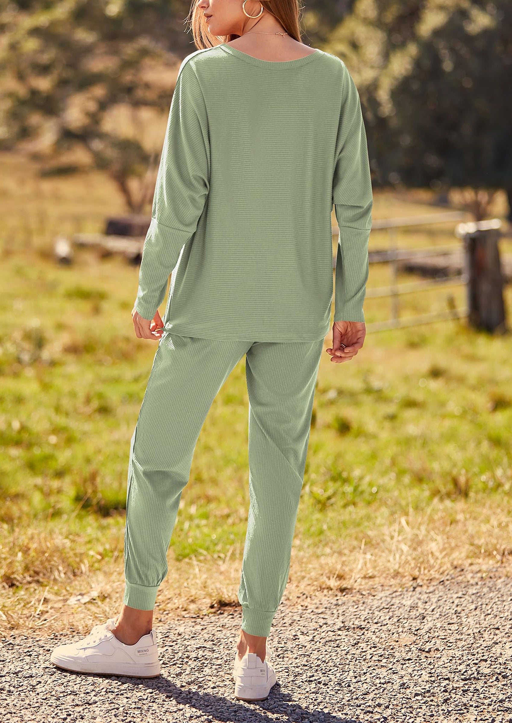 Chichi Women's Fall 2 Piece Lounge Set Long Sleeve Tops Ribbed Pants Spring Matching Sweatsuit Travel Outfits Clothes Bean Green