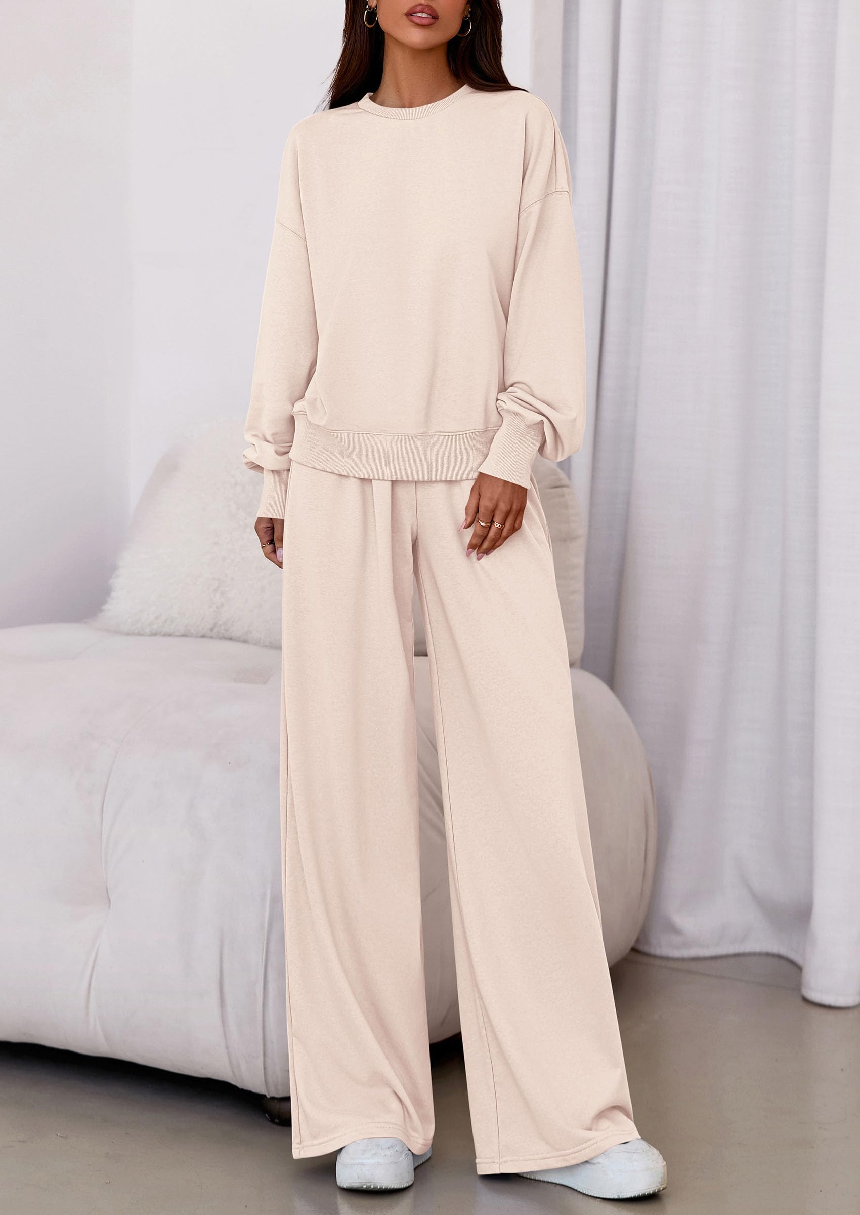Chichi Womens 2 Piece Sets Long Sleeve Sweatshirt Wide Leg Pants Loose Matching Lounge Set Trendy Fall Outfits Beige